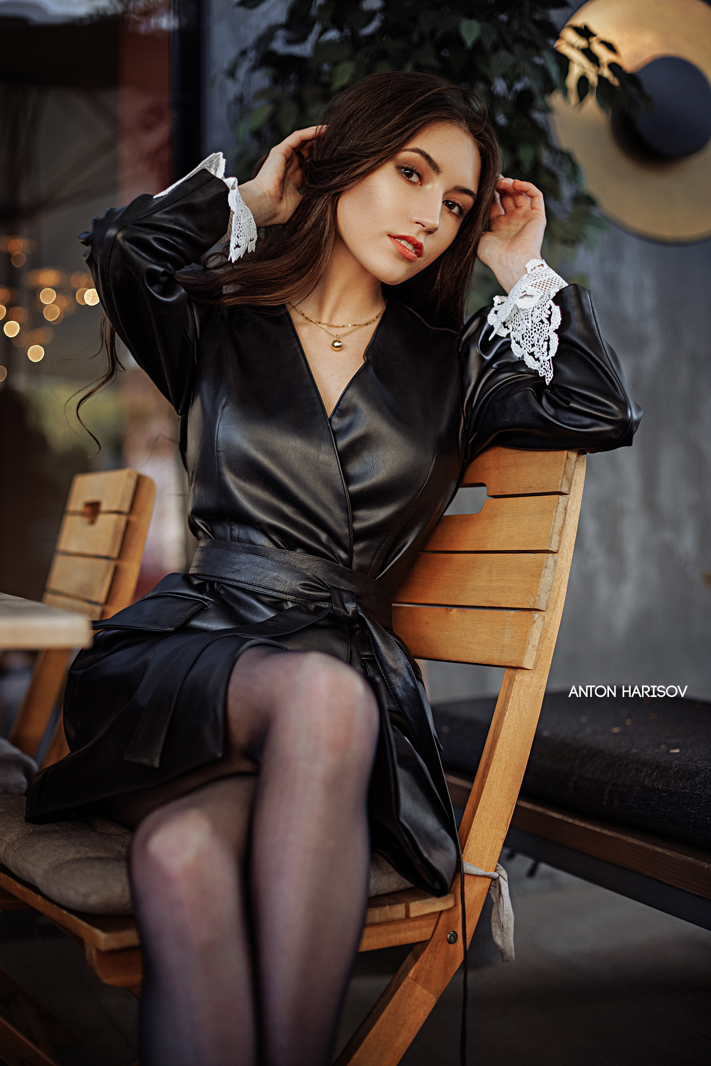 Anton Harisov Women Brunette Long Hair Coats Black Clothing Outdoors Terraces Leather 1401x2100