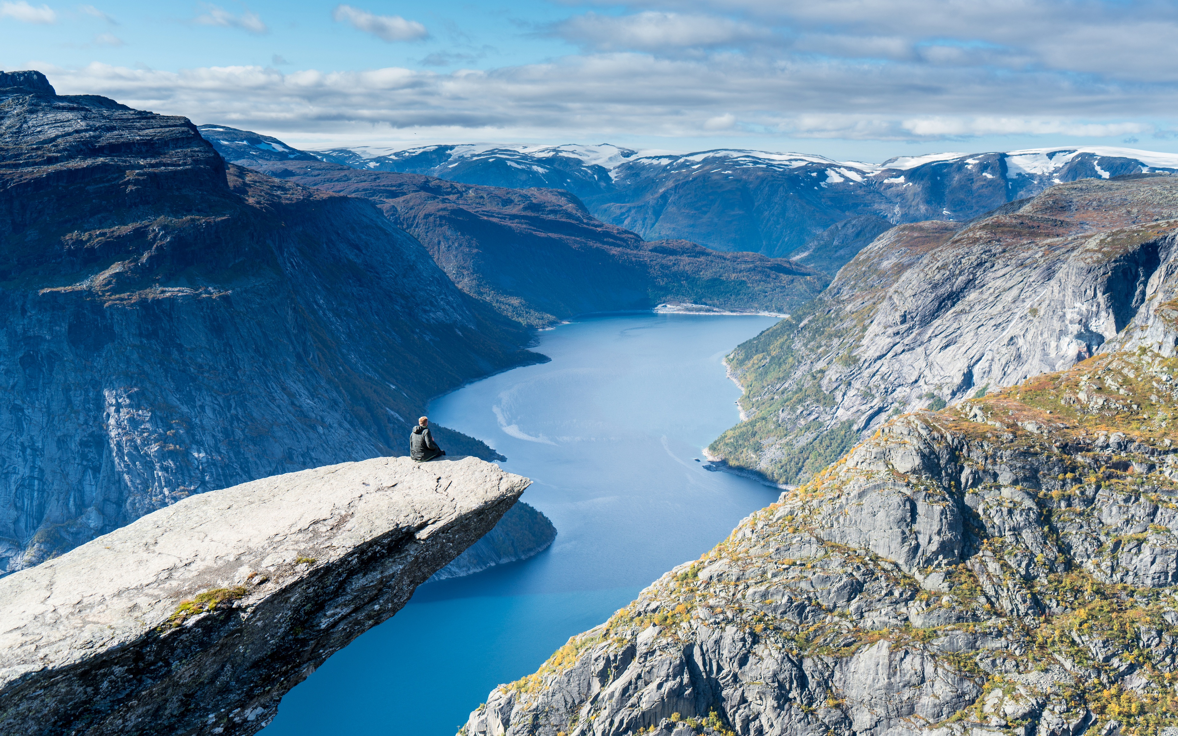 Nature Landscape Norway Trolltunga Mountains Fjord Rock Sky Clouds Panorama Water Snow 3840x2400