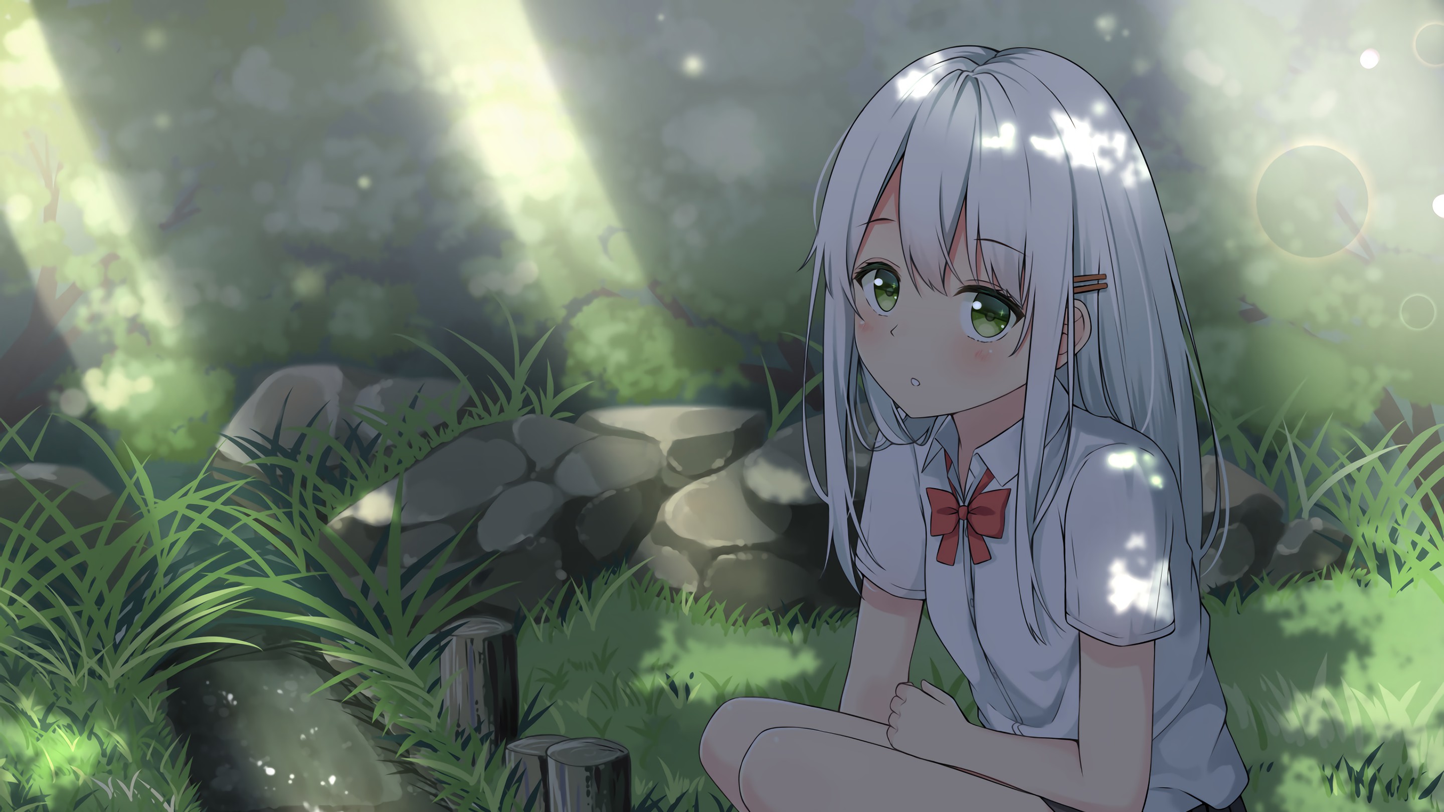 Anime Girls Artwork White Hair Green Eyes Summer Sad Leaves Nature Grass Sunlight Bow Tie Looking At 2880x1620