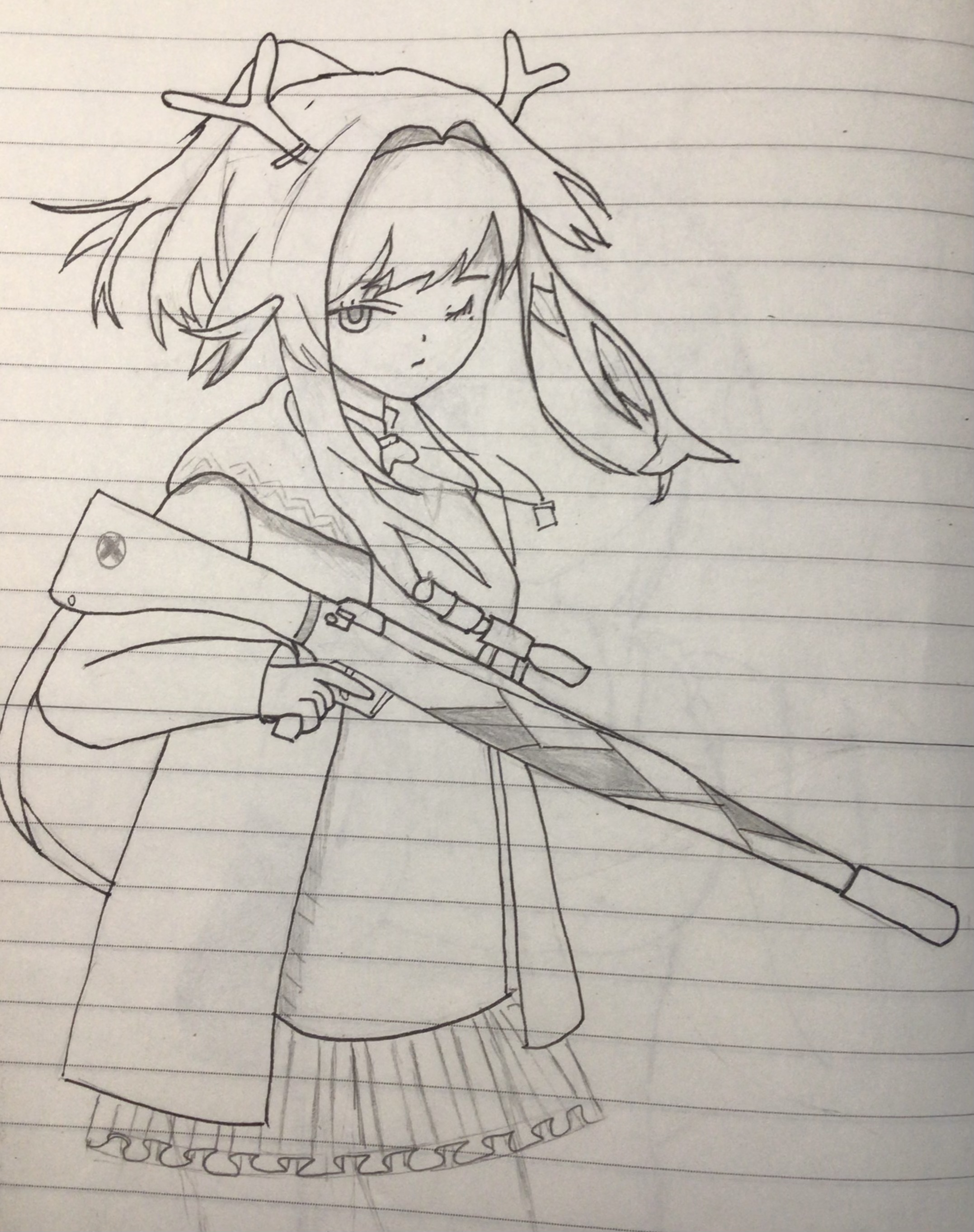 Arknights Drawing Pencil Drawing Vertical Gun One Eye Closed Anime Girls Antlers 2155x2727