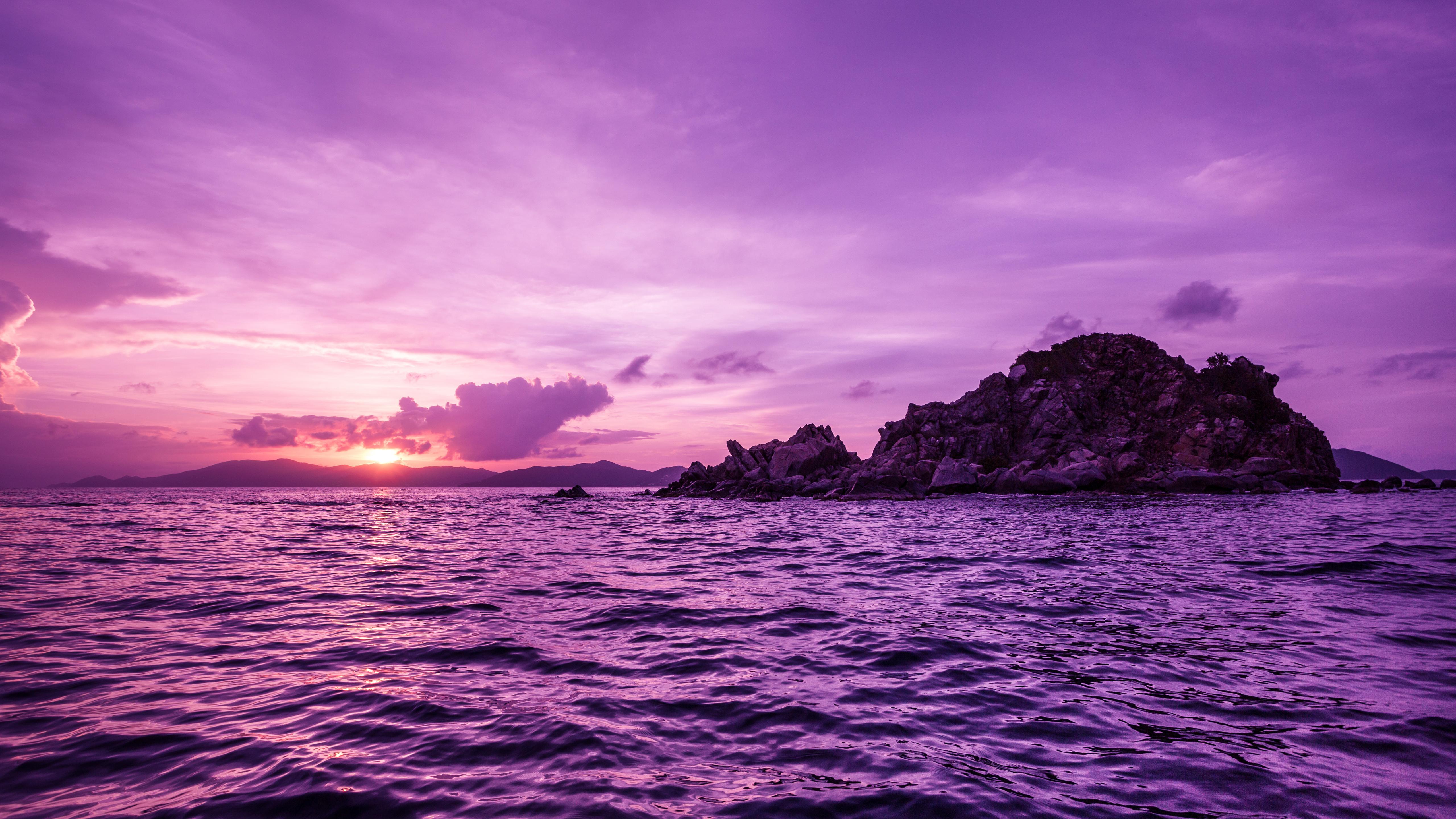 Sunset Purple Background Sea Water 5120x2880