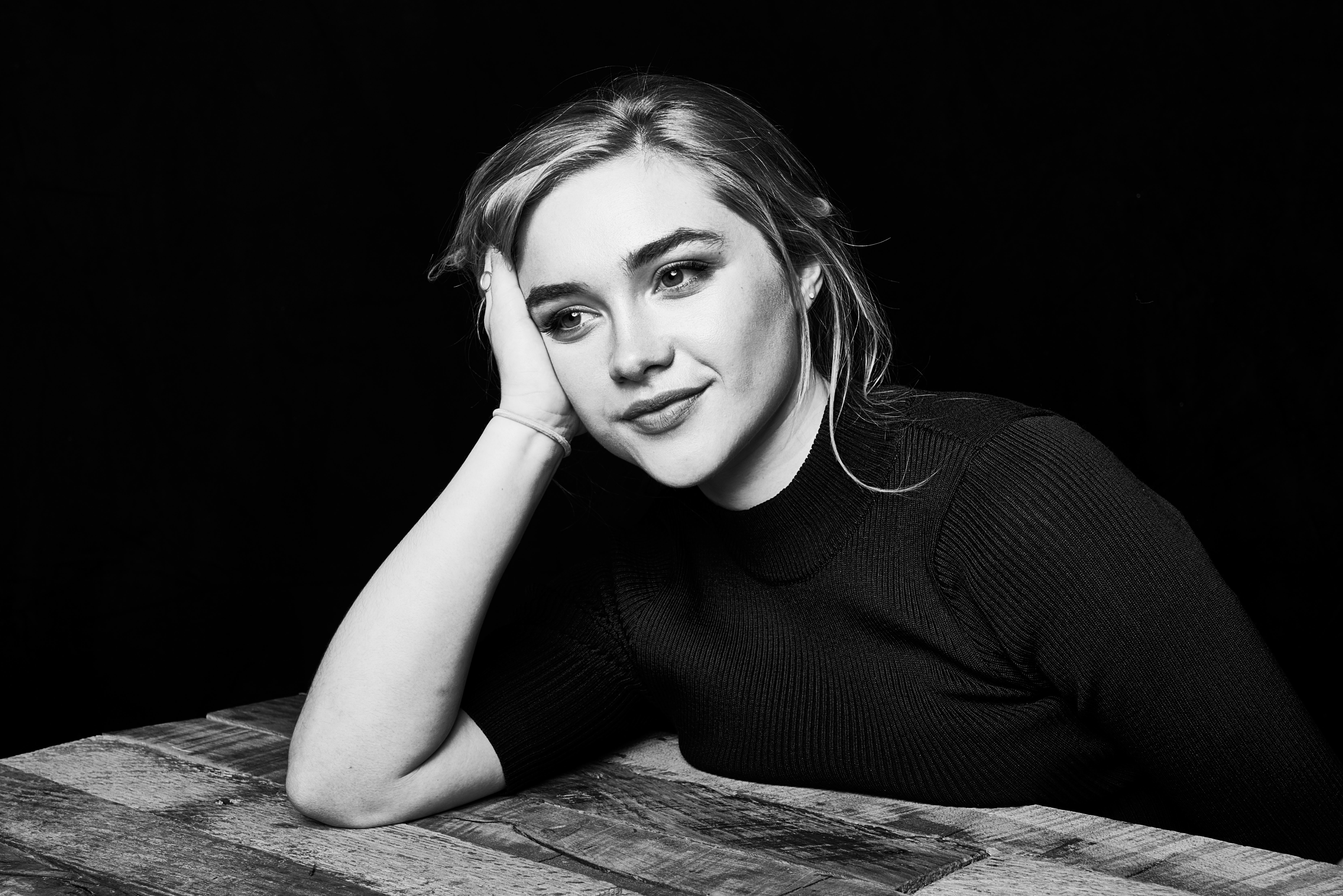 Florence Pugh Actress Hand On Face Table Monochrome 7426x4956