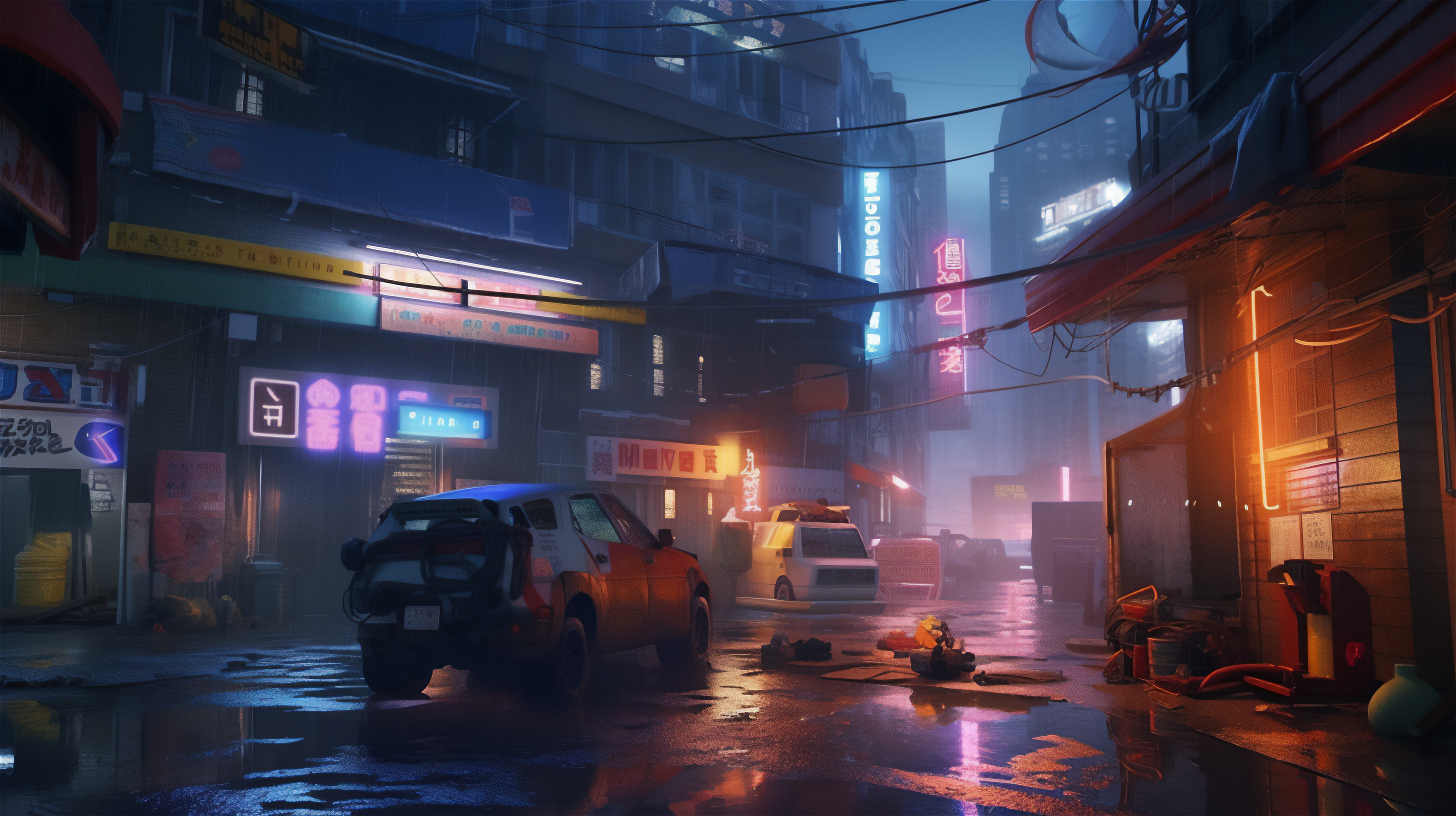 Ai Art City Street Illustration Science Fiction Blade Runner Cyberpunk Neon City Lights Car 2912x1632