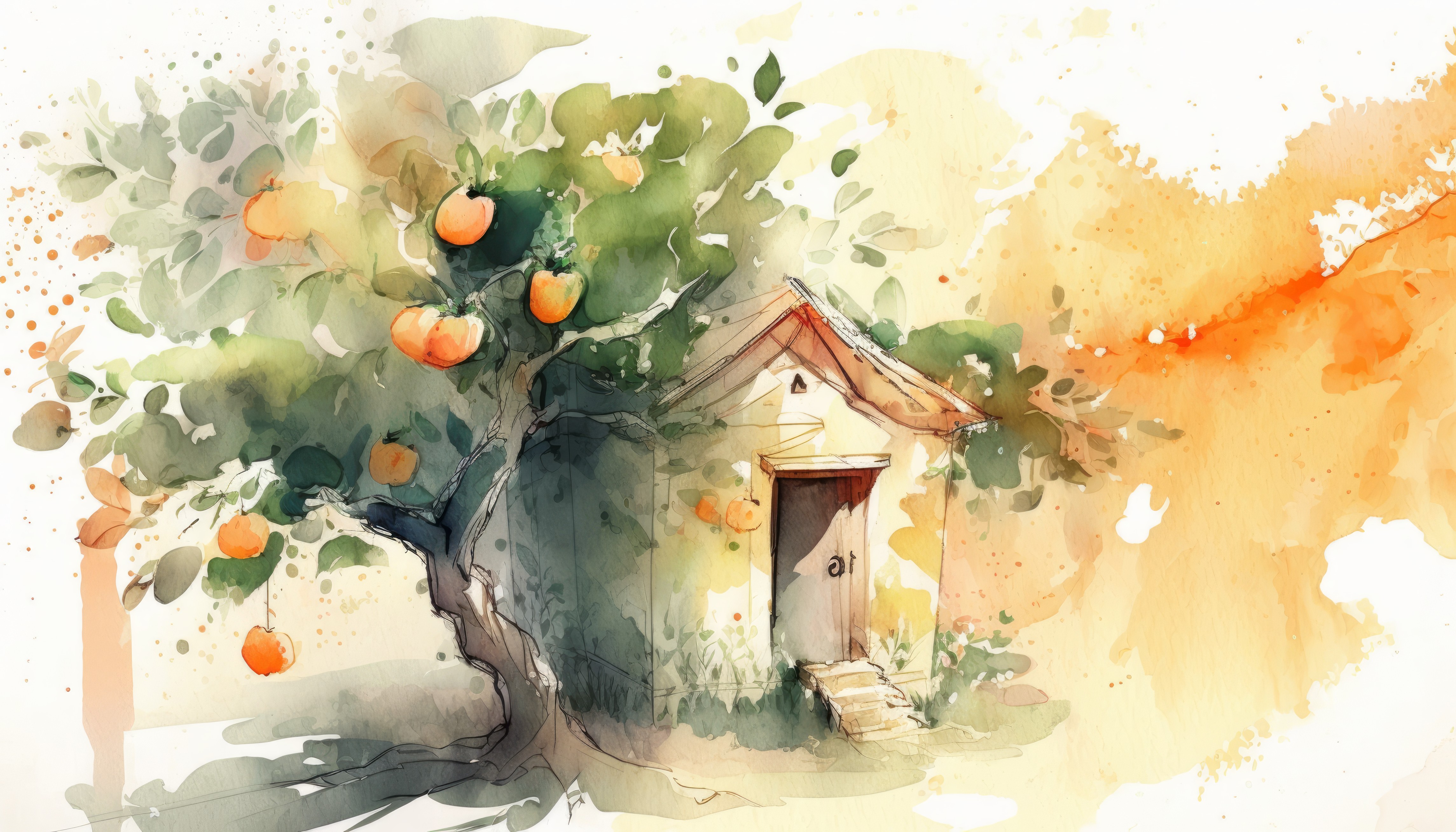 Ai Art Watercolor Style Trees Fruit Leaves Artwork 4579x2616