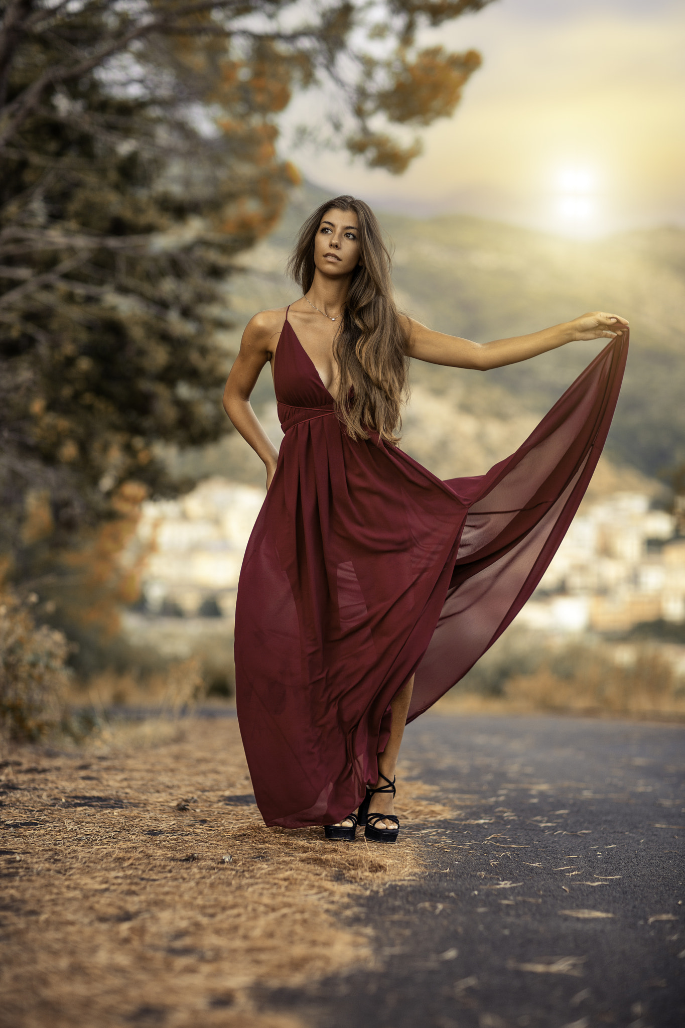 Alessandro Di Cicco Women Brunette Long Hair Wavy Hair Dress Red Clothing Looking Away 1365x2048