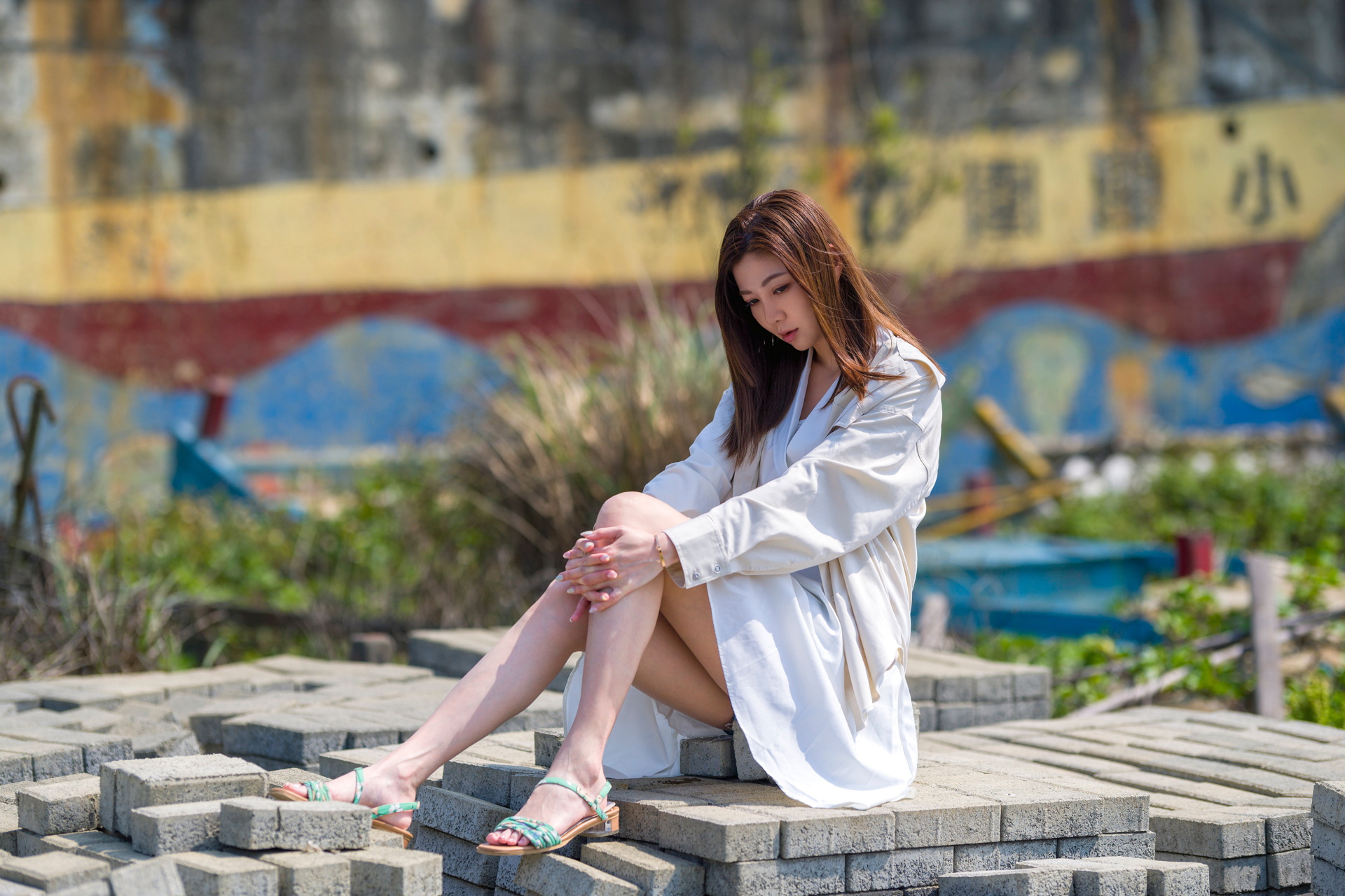 Asian Model Women Long Hair Dark Hair Sitting Barefoot Sandal Bricks Outdoors Plants 1920x1280
