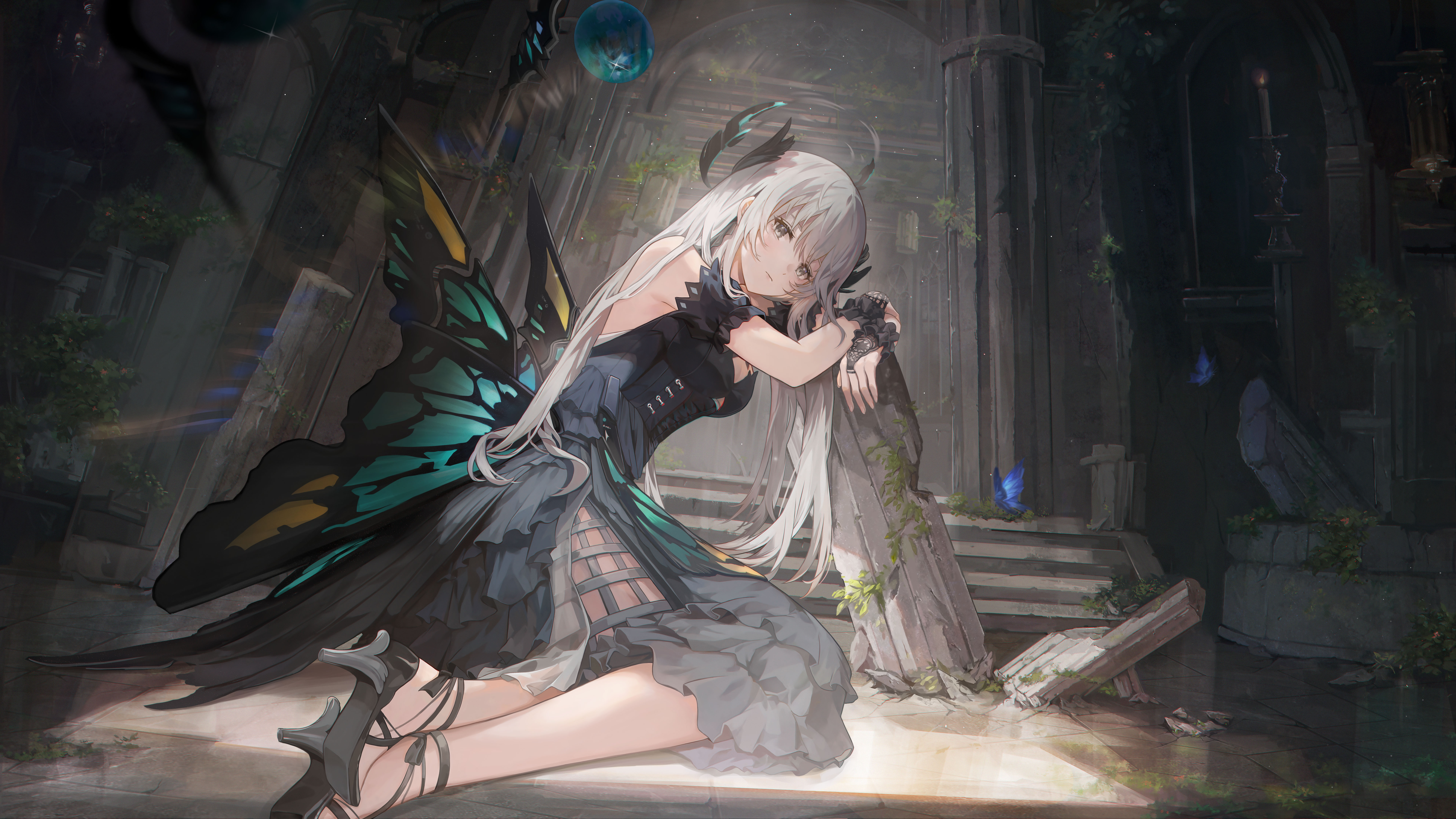 Anime Anime Girls Butterfly Wings Heels White Hair Stairs 7680x4320