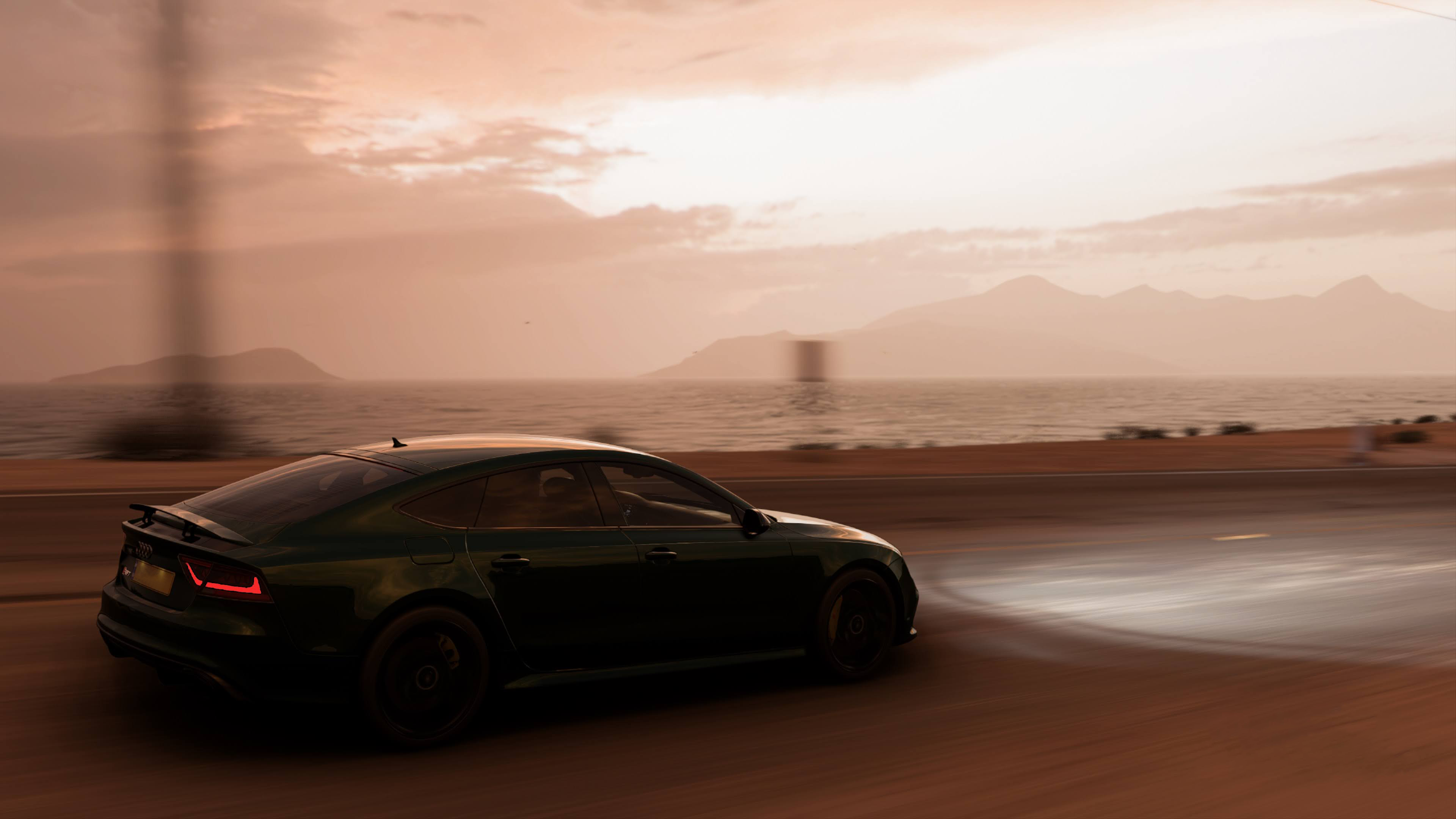 Forza Horizon 5 Car Racing Audi RS7 Beach Sunset Video Games 3840x2160