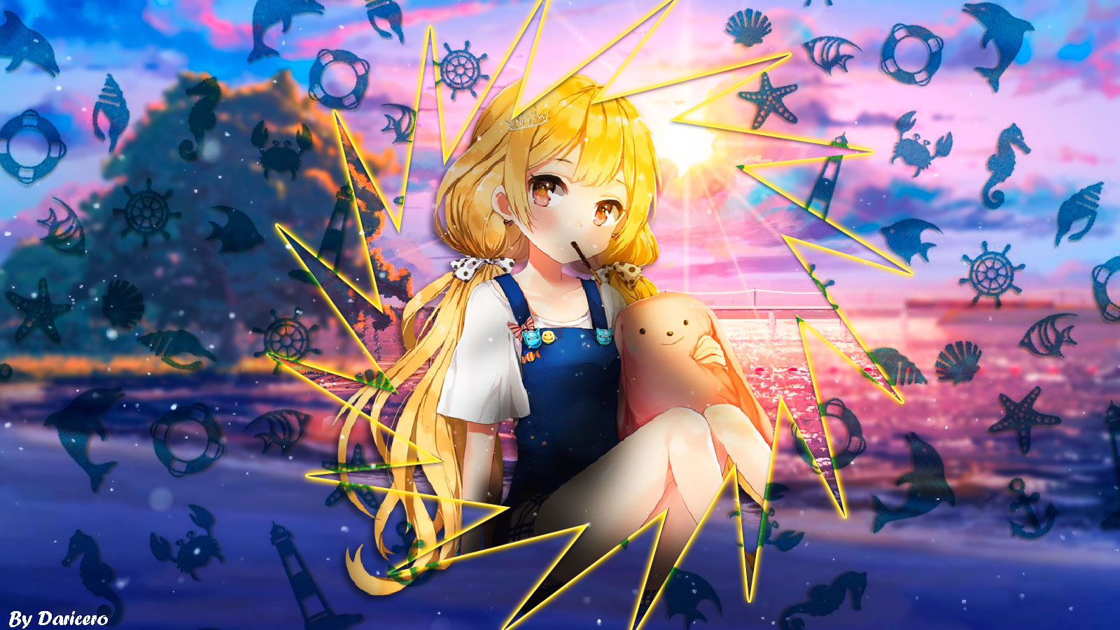 Beach Blonde Anime Girls Sunset Afternoon Shapes 1600x900