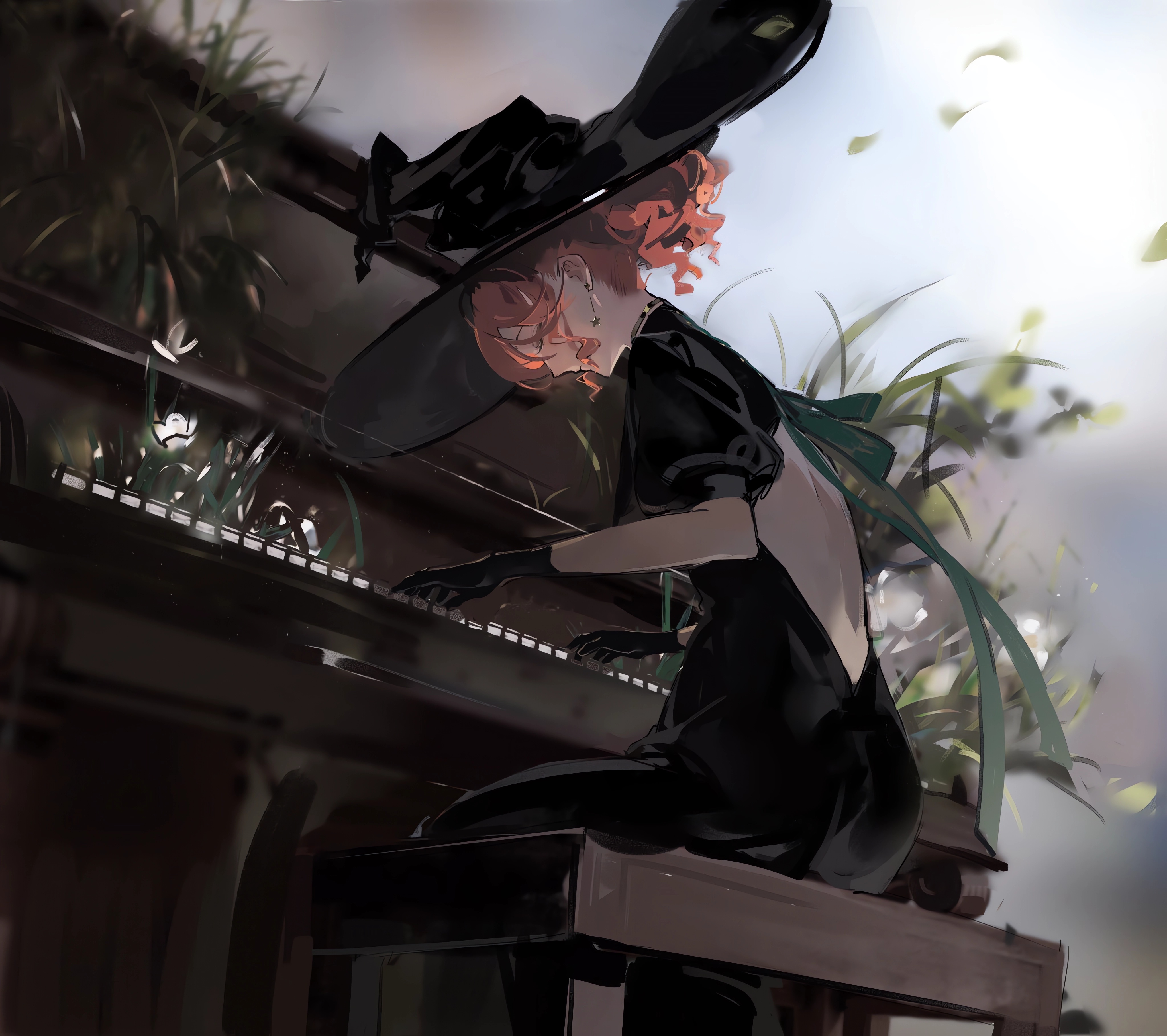 Anime Anime Girls Sitting Gloves Hat Piano Musical Instrument Dress Leaves Closed Eyes Earring 4096x3636