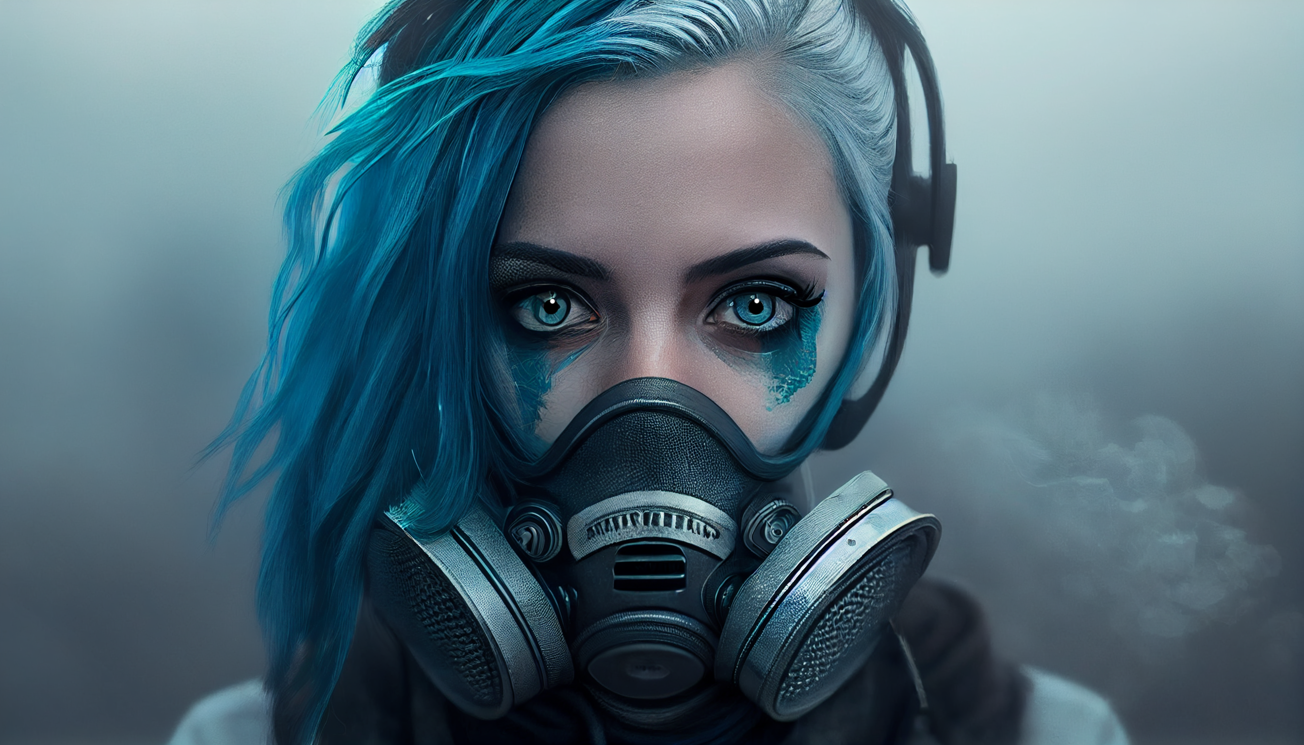 Ai Art Cyberpunk Women Gas Masks Mask Face Blue Hair Blue Eyes 2688x1536