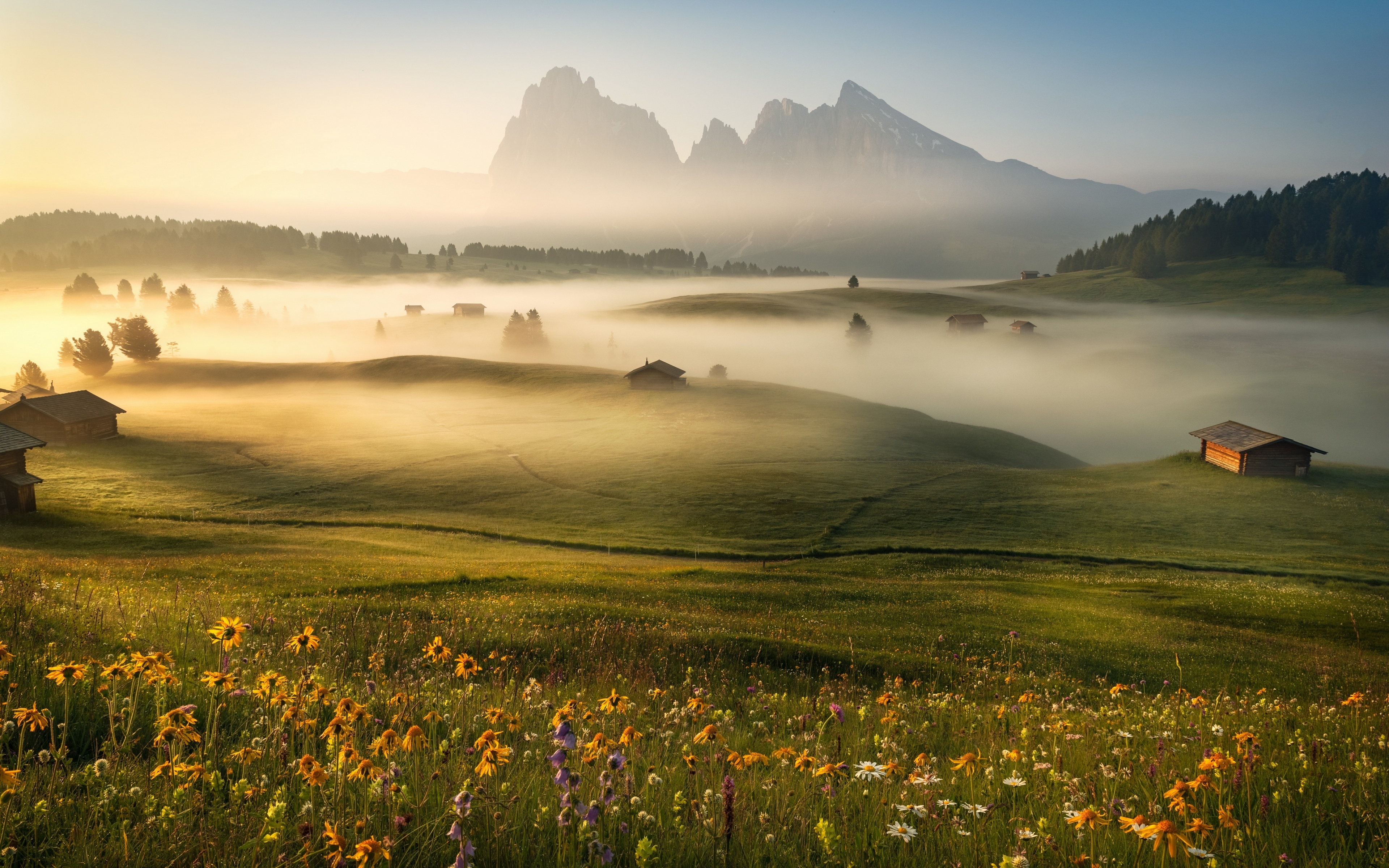 Italy Landscape Sky Nature Field Mist Flowers Hills Mountains Dolomites 3840x2400