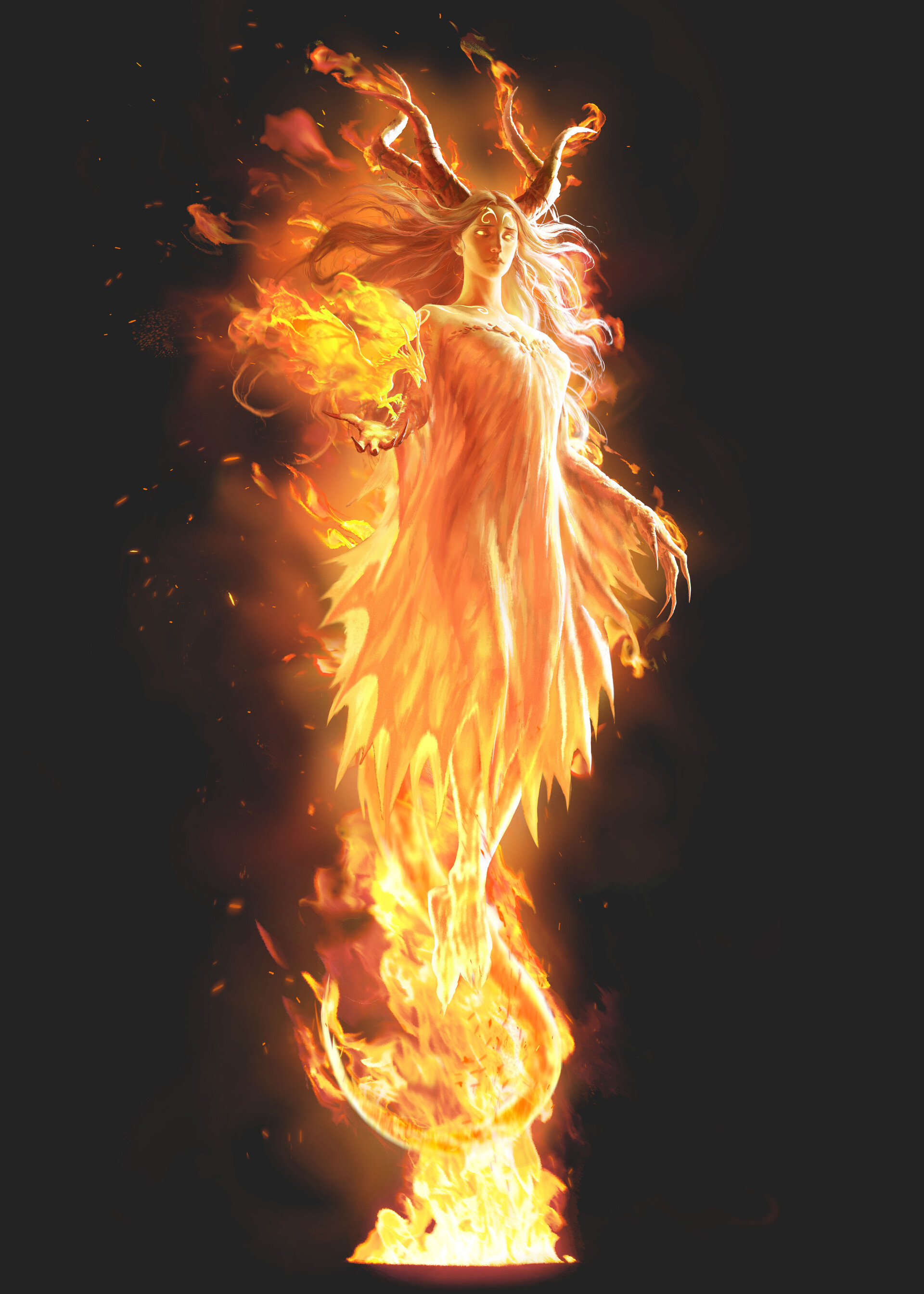 Artwork Flame Painter Digital Art Fantasy Art Fantasy Girl Fire Burning Long Hair Demon Dark Backgro 1920x2688