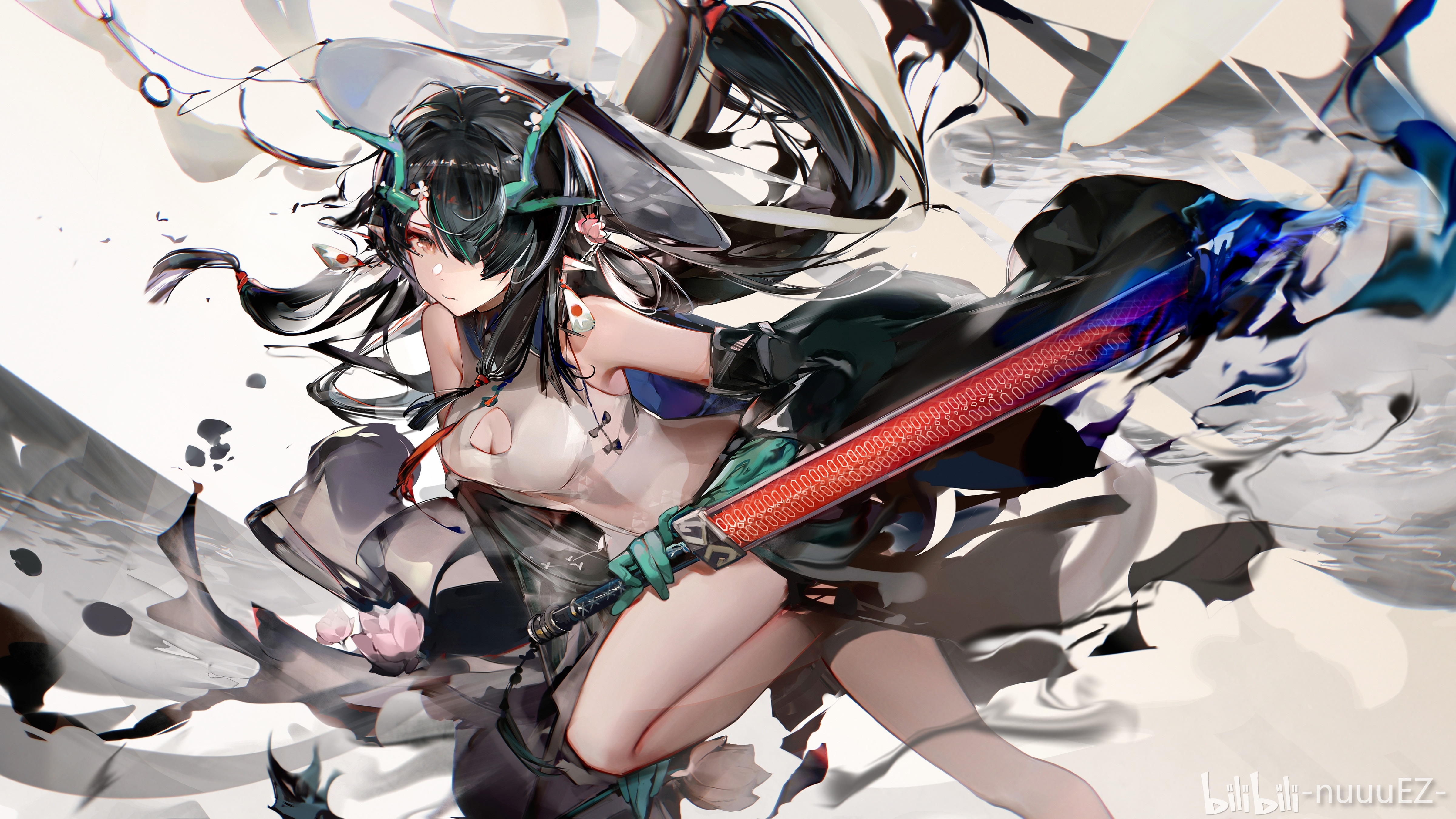 Anime Anime Girls Arknights Dusk Arknights Dragon Horns Looking At Viewer Weapon Sword Hair Over One 4800x2700