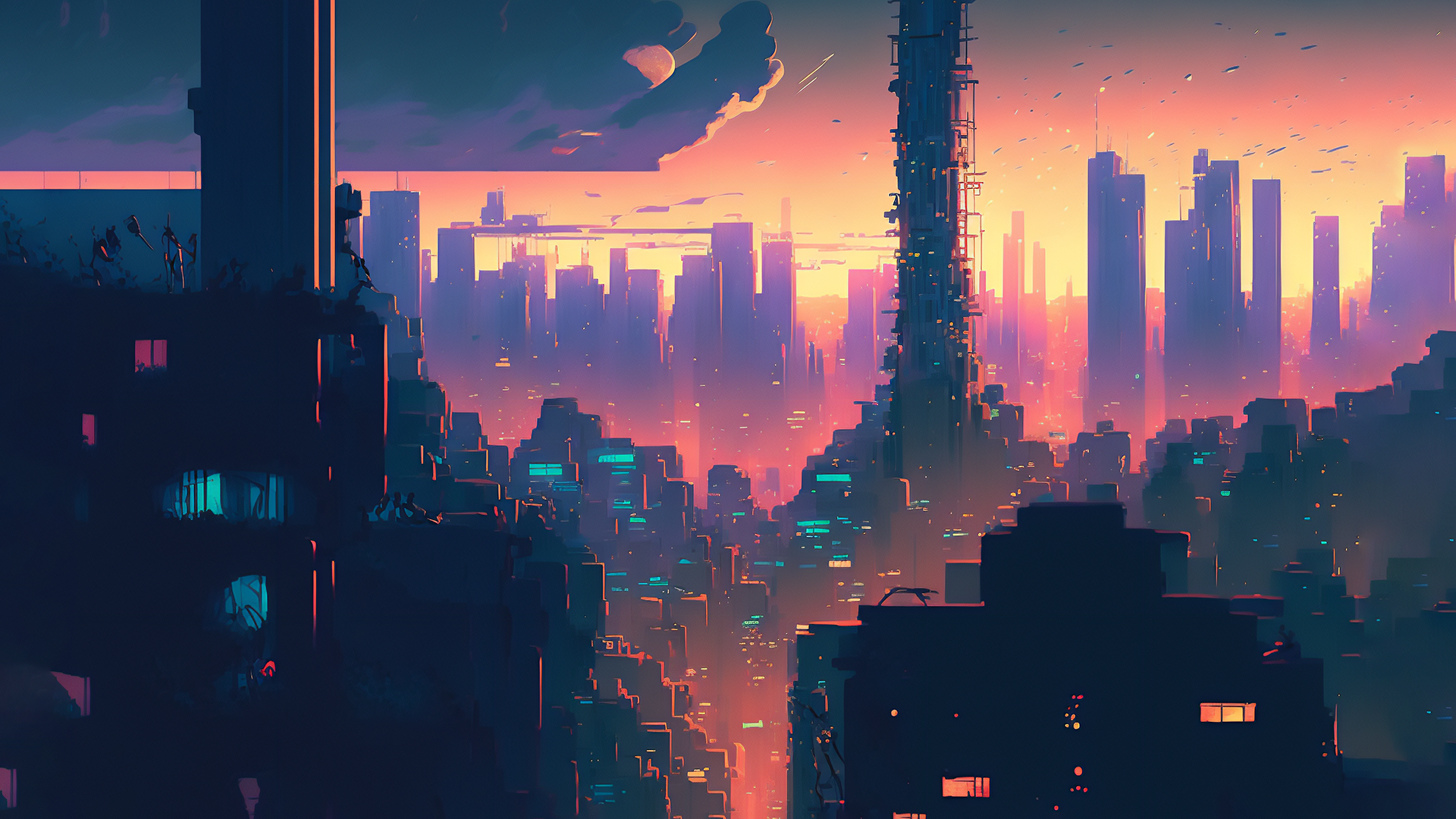 Ai Art Cyberpunk City Skyline Illustration Sunset Glow 1920x1080