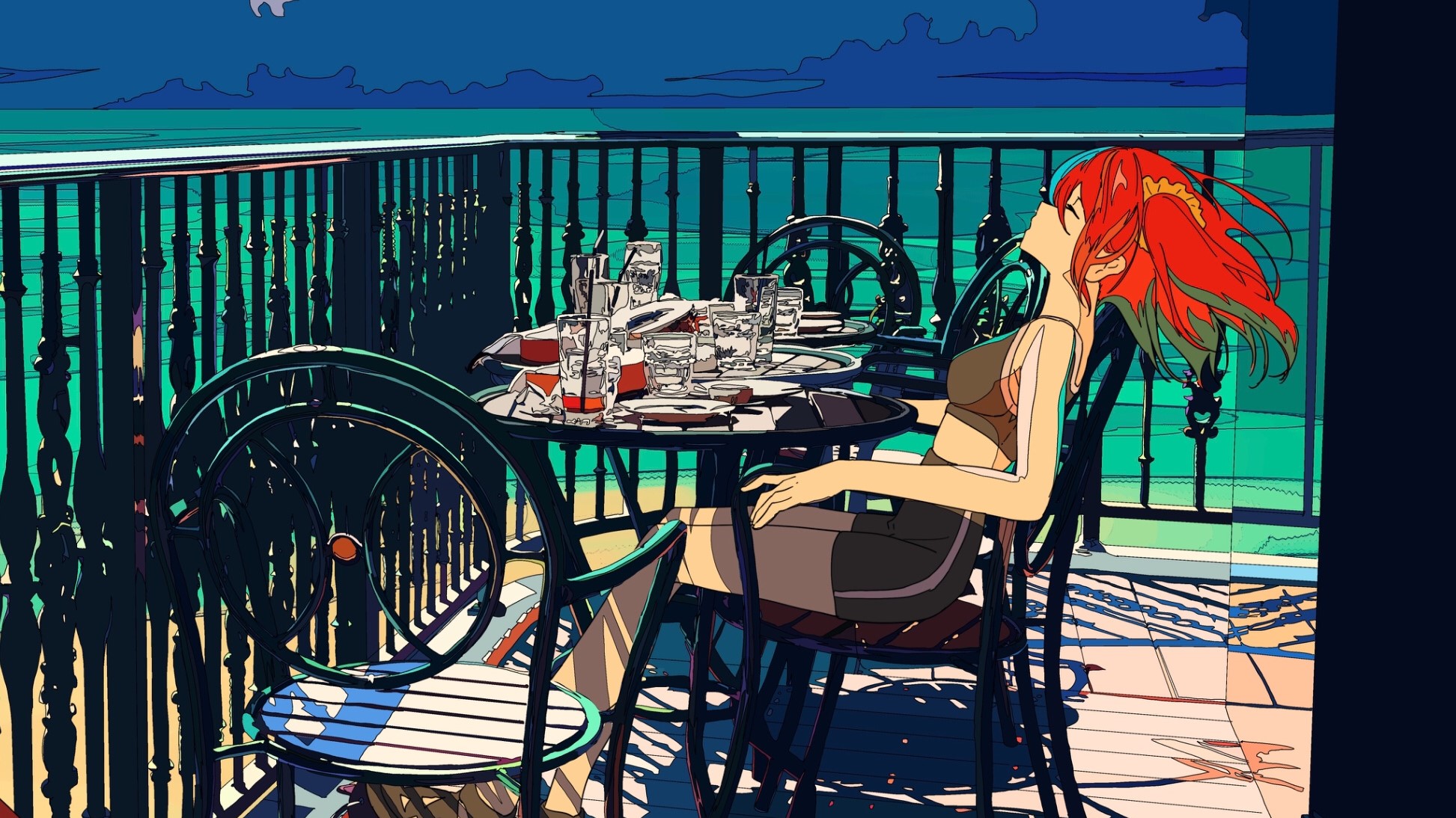 Redhead Balcony Anime Girls Cafe 1945x1094