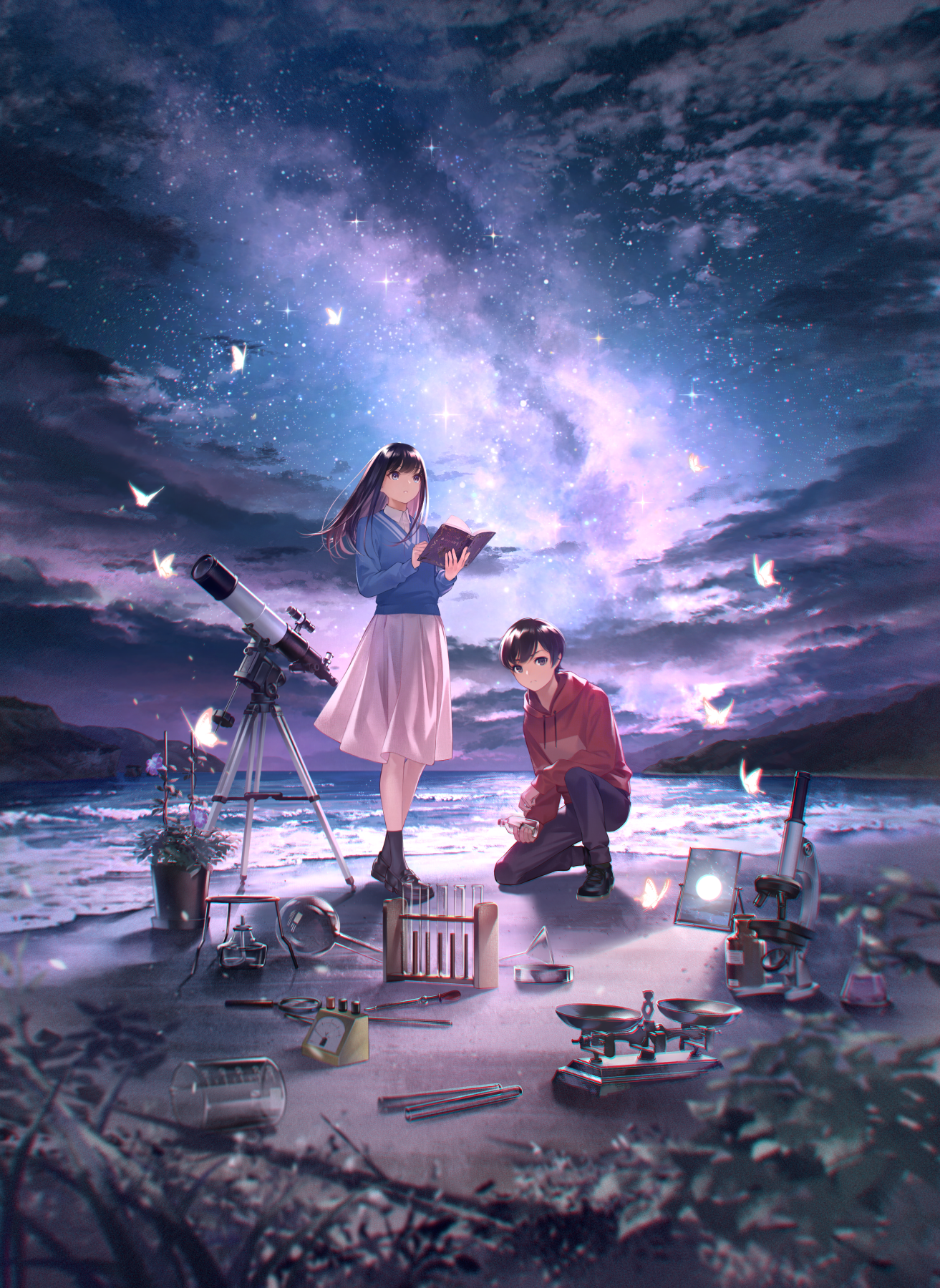 Sawasawa Vertical Anime Girls Anime Boys Couple Beach Water Waves Starry Night Stars Looking Up Sky  1313x1800