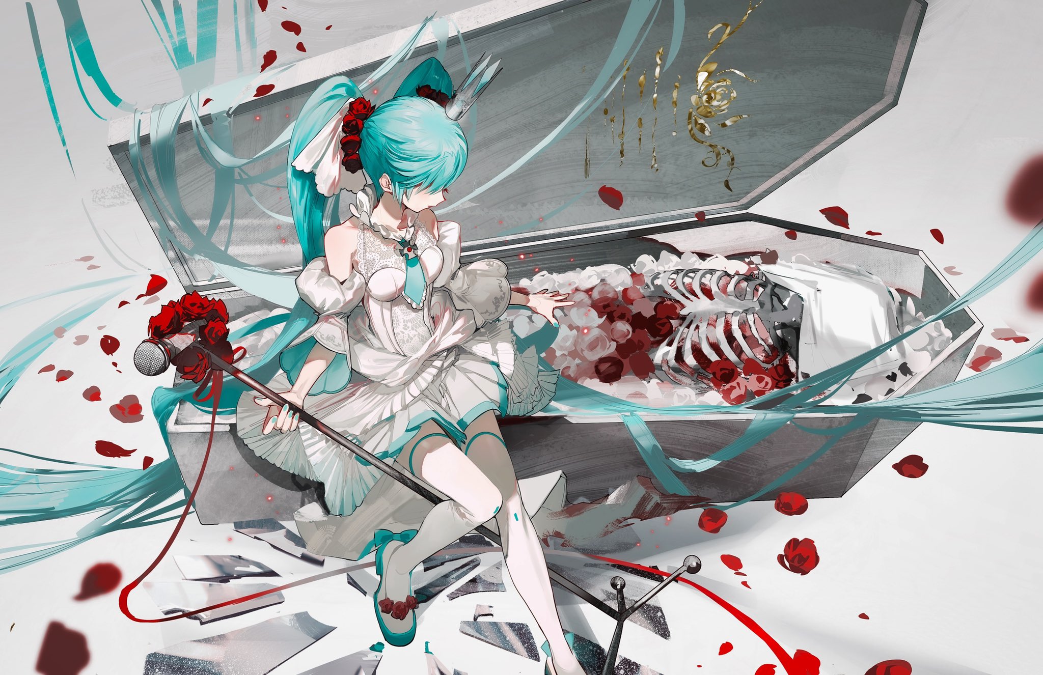 Hatsune Miku Skeleton Coffins Wedding Dress Rose Vocaloid Anime Girls Twintails Blue Hair Sitting Pe 2048x1326