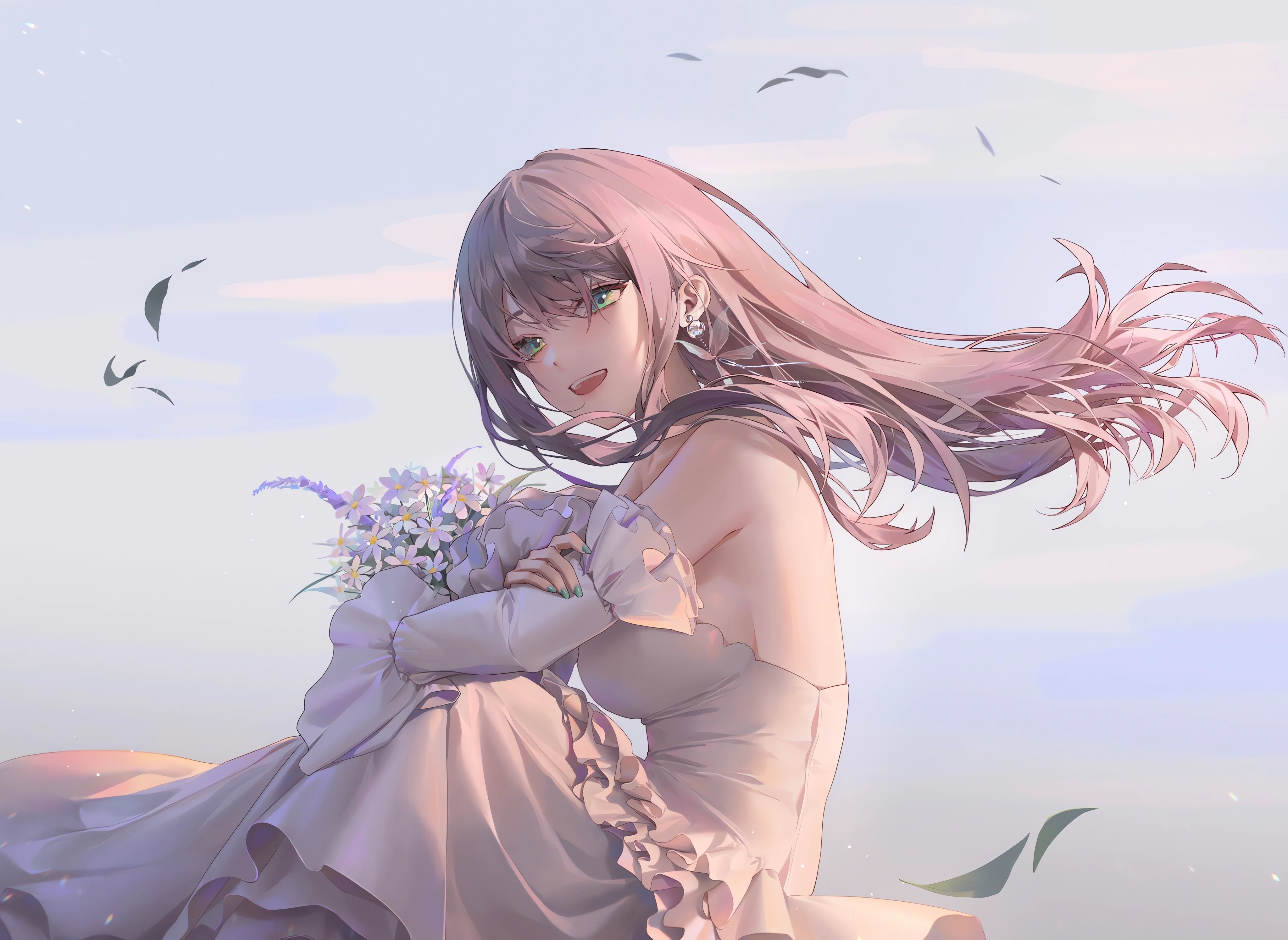 Anime Anime Girls Wedding Dress Long Hair Hair Blowing In The Wind Sky Clouds Leaves Open Mouth Earr 4096x2990