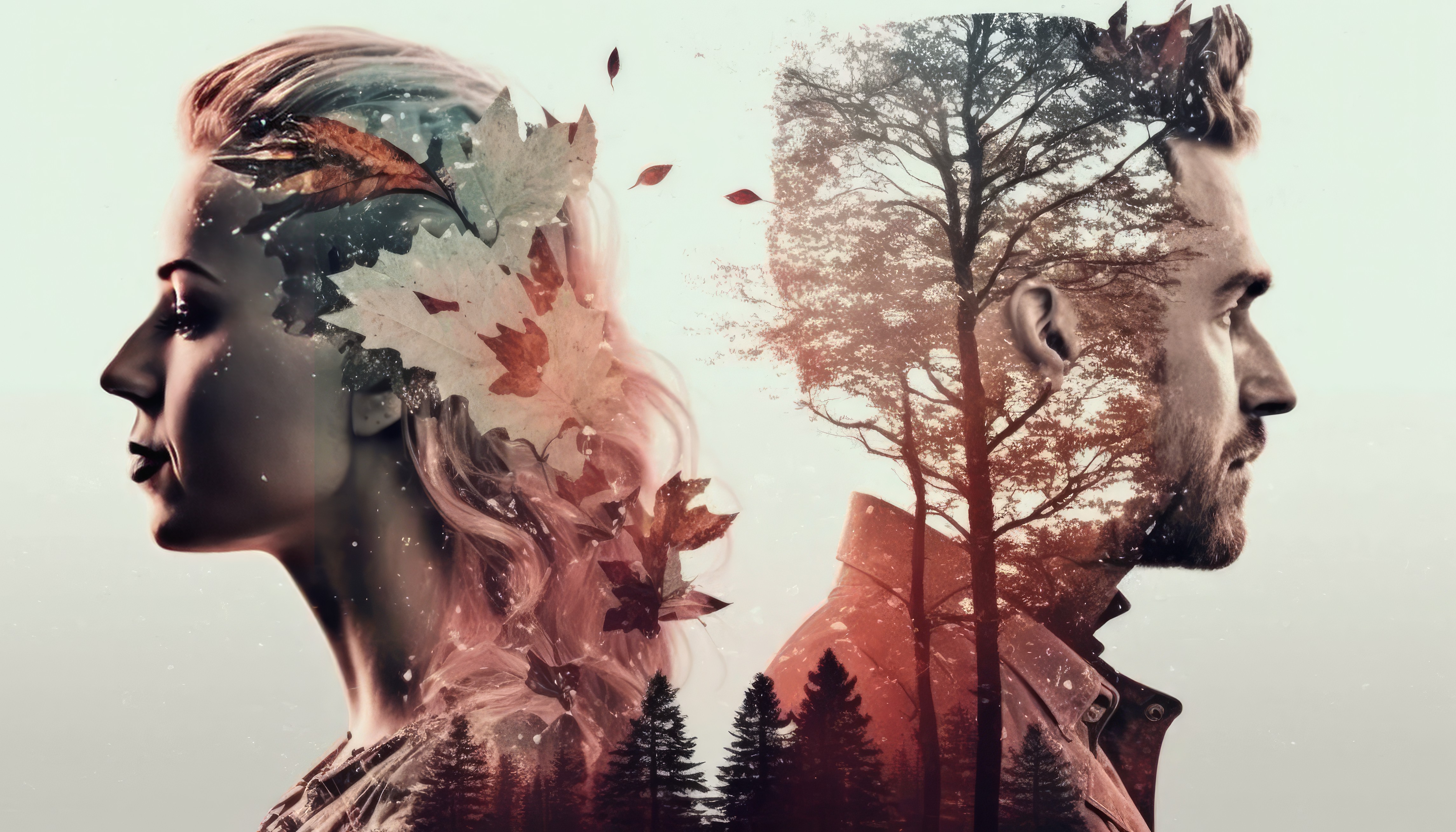 Ai Art Double Exposure Men Women Abstract Leaves Trees Nature 4579x2616