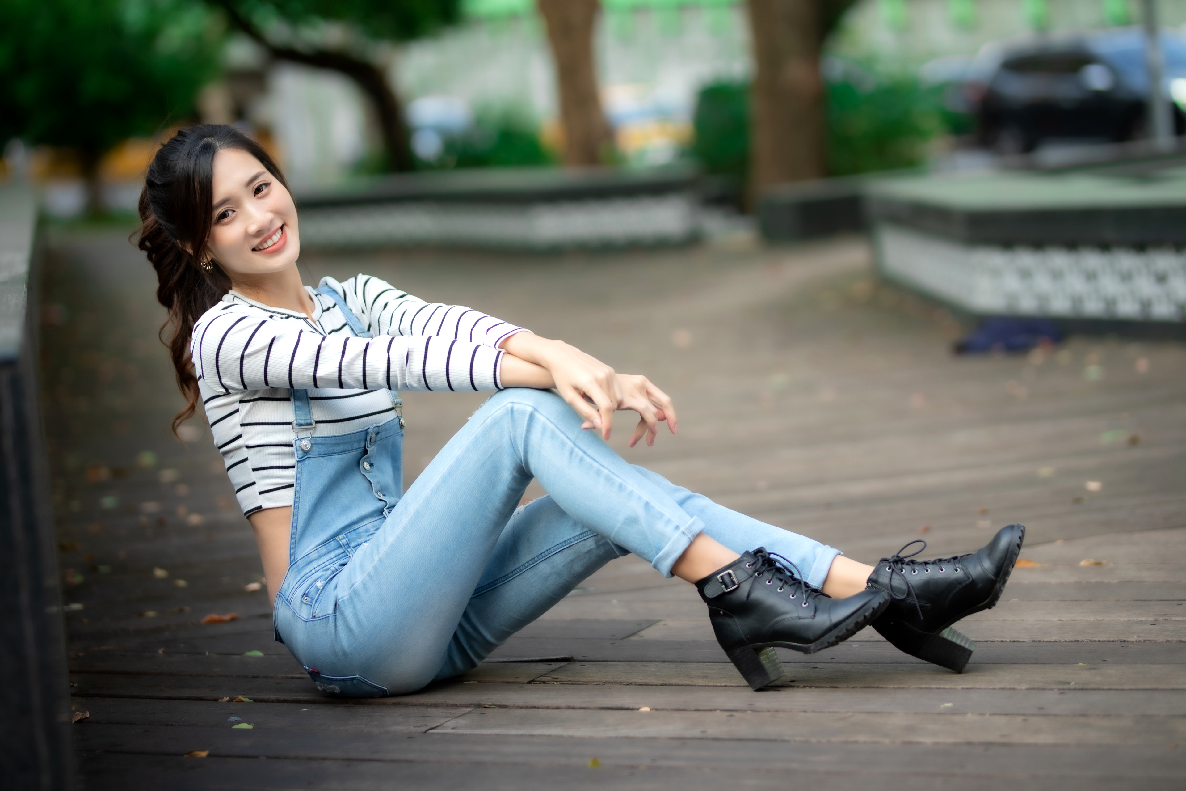 Asian Model Women Long Hair Dark Hair Sitting Ankle Boots 3840x2560