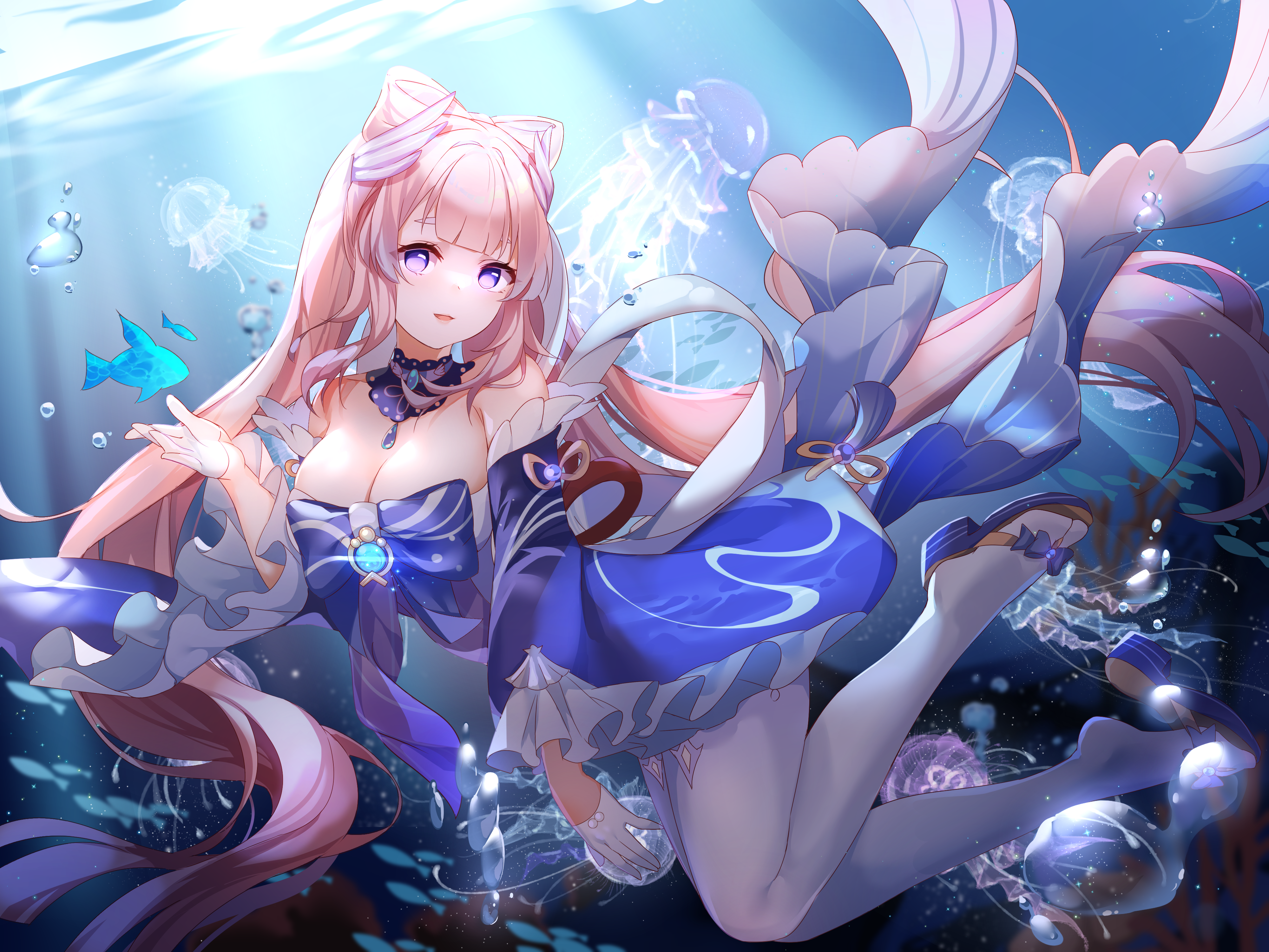 Anime Genshin Impact Anime Girls Fish Sangonomiya Kokomi Genshin Impact Underwater Sunlight Jellyfis 4000x3000