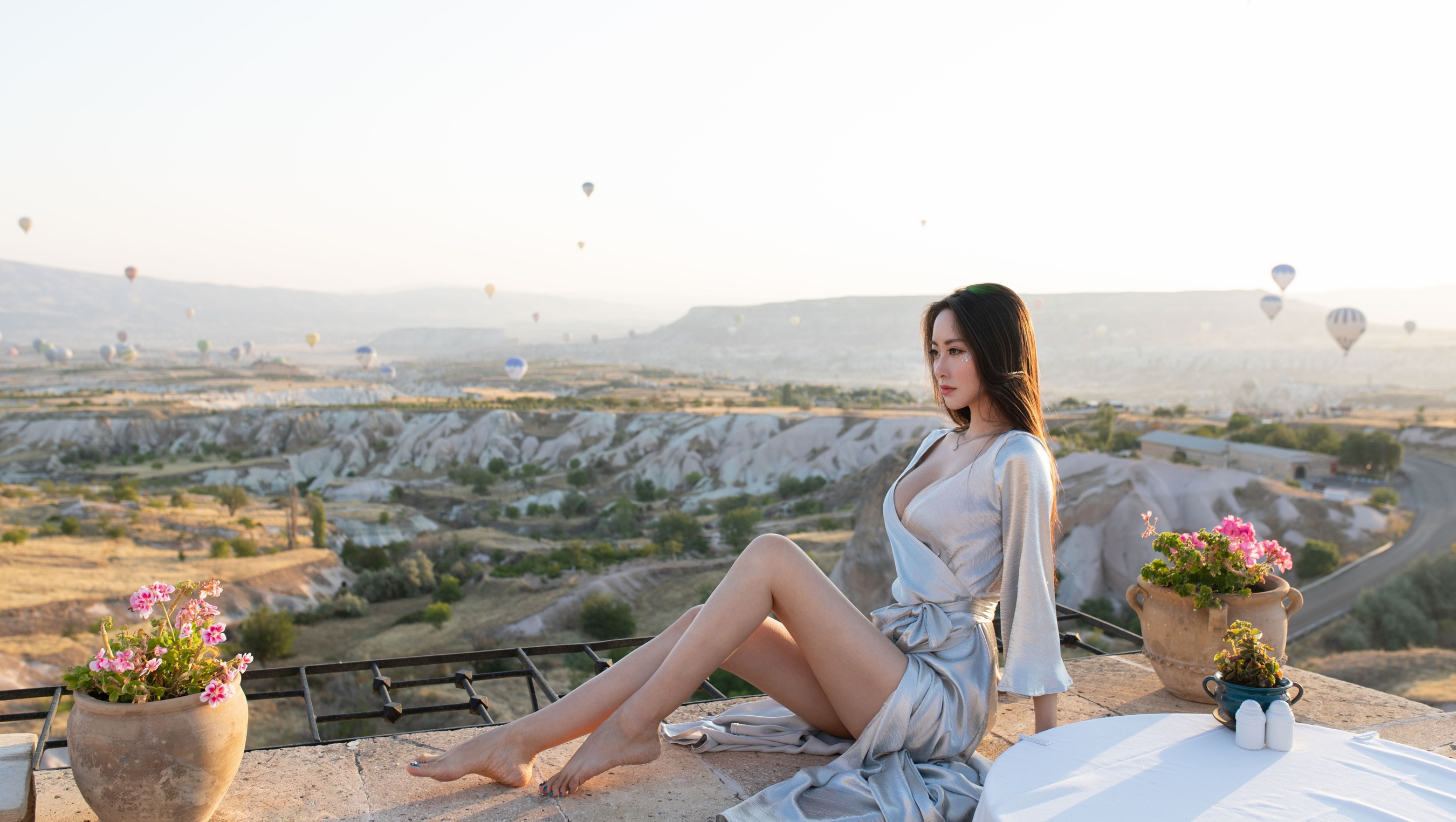 Asian Model Women Long Hair Dark Hair Sitting Hot Air Balloons Outdoors 2700x1524