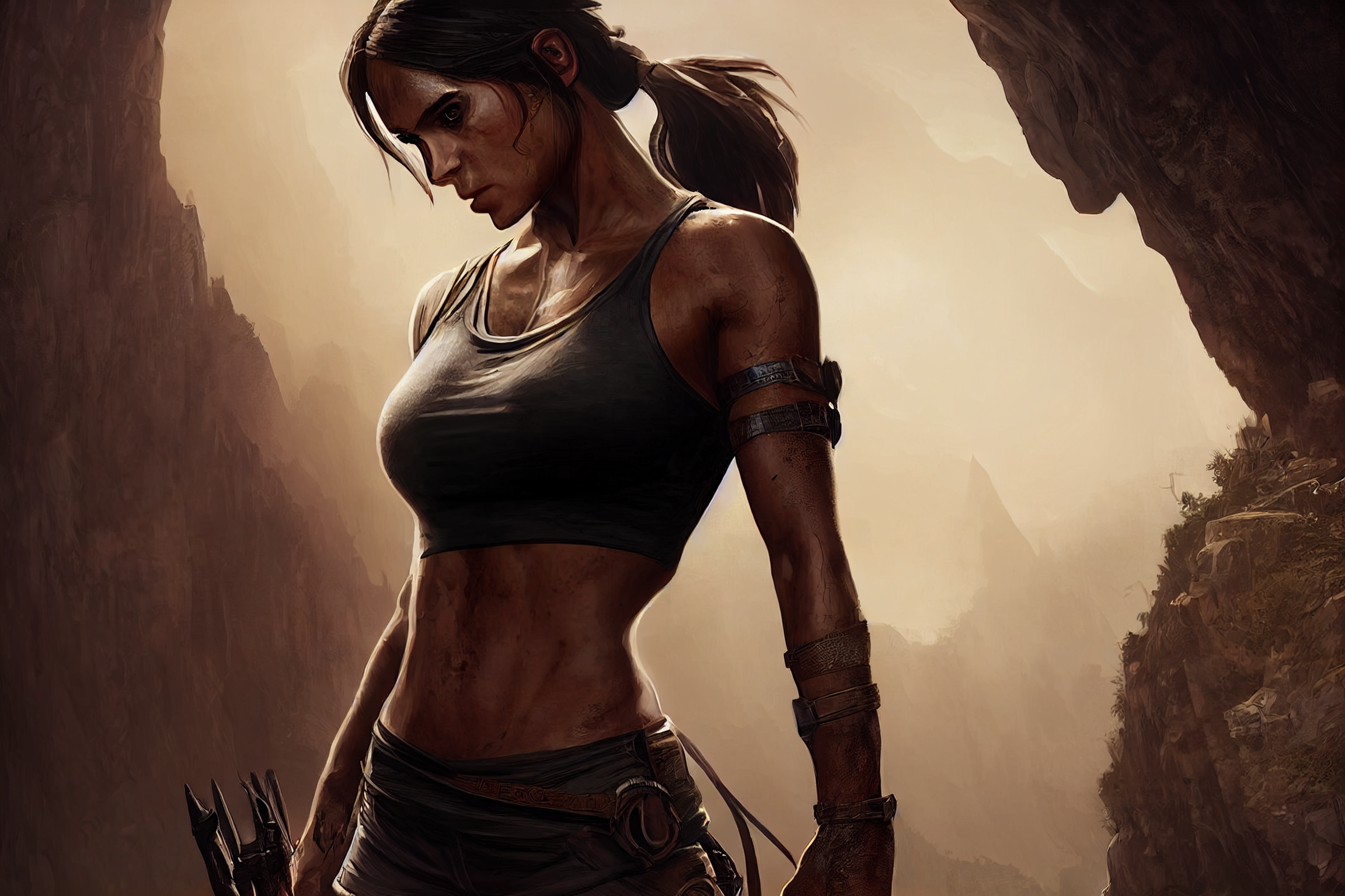 Lara Croft Tomb Raider Women Warrior Bare Midriff Tank Top Ponytail 2304x1536