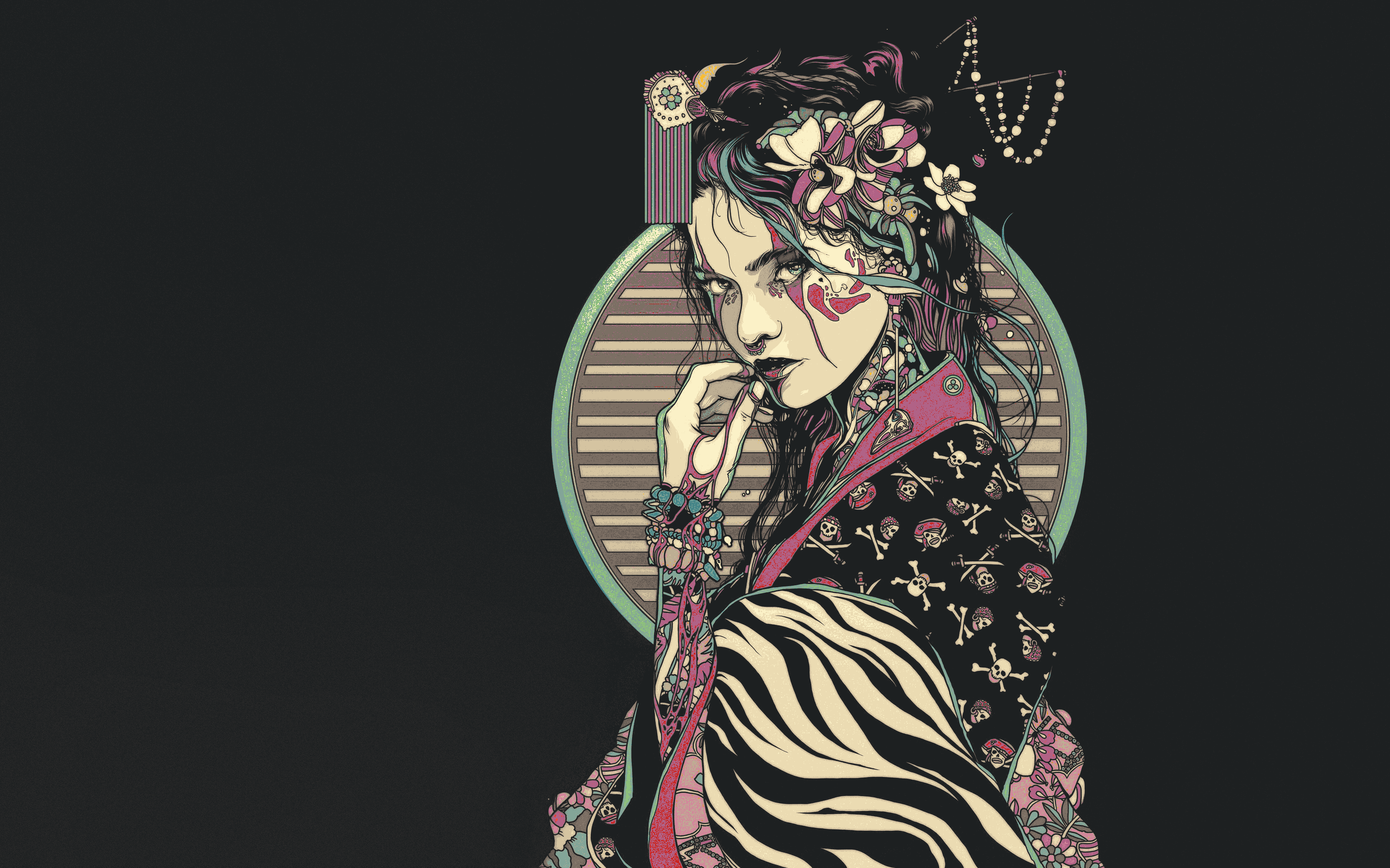 Illustration Geisha Flowers Black Background Kimono Skull Tattoo Makeup Digital Art Simple Backgroun 3360x2100