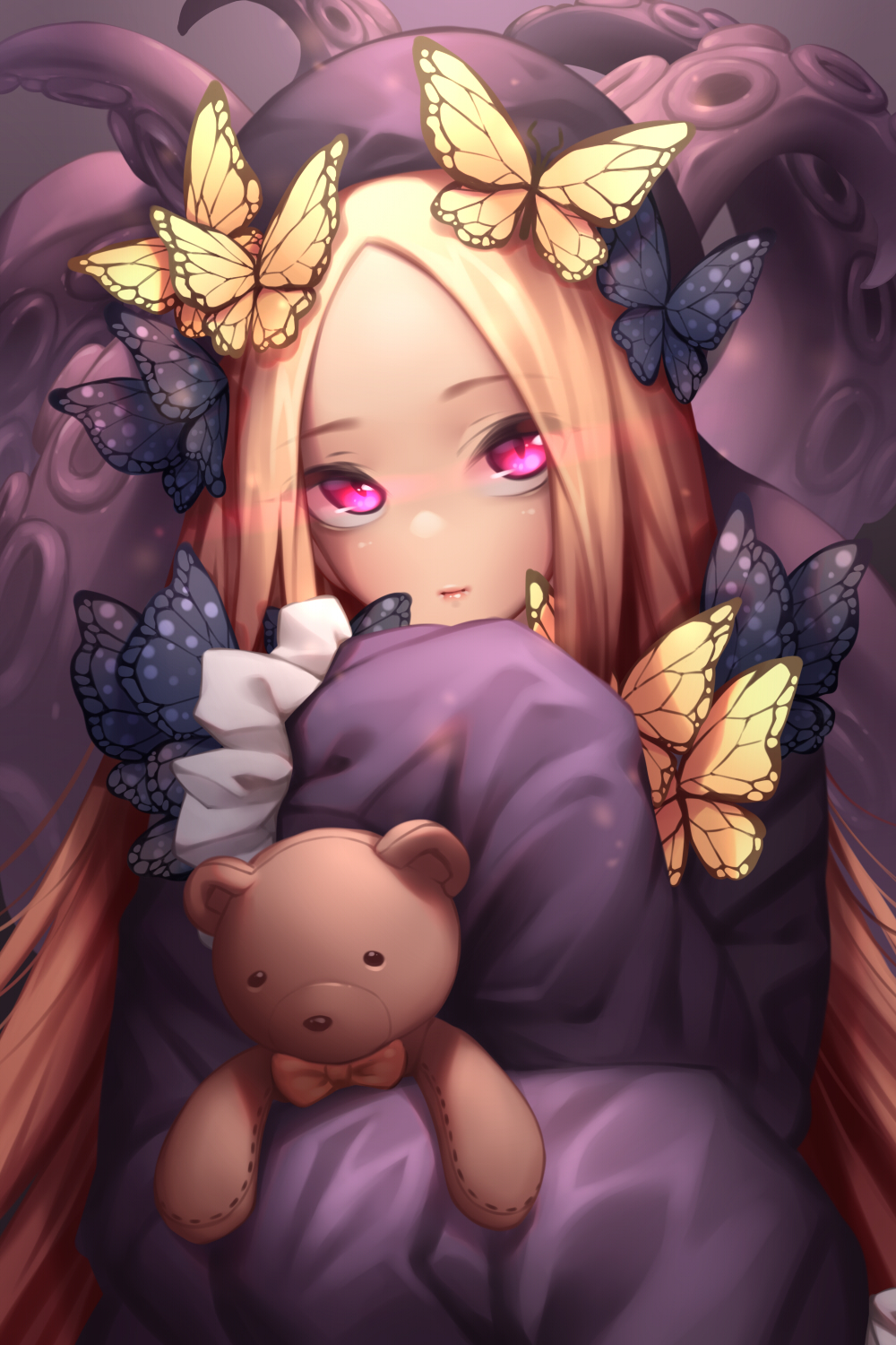 Yin Ting Tian Fate Series Fate Grand Order Blonde Anime Girls Purple Eyes Teddy Bears Butterfly 1000x1500