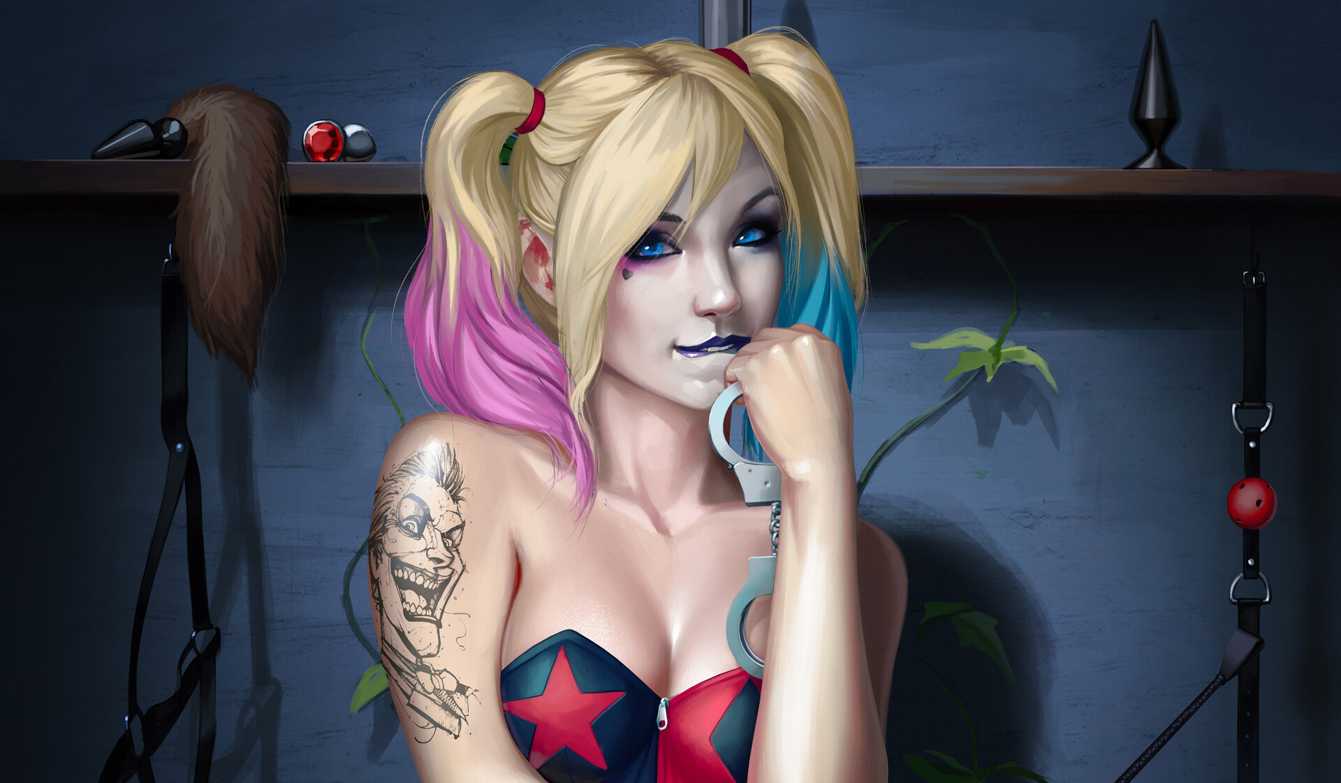 Harley Quinn Emanuel Mendez Biting Lip DC Comics Multi Colored Hair 1920x1121