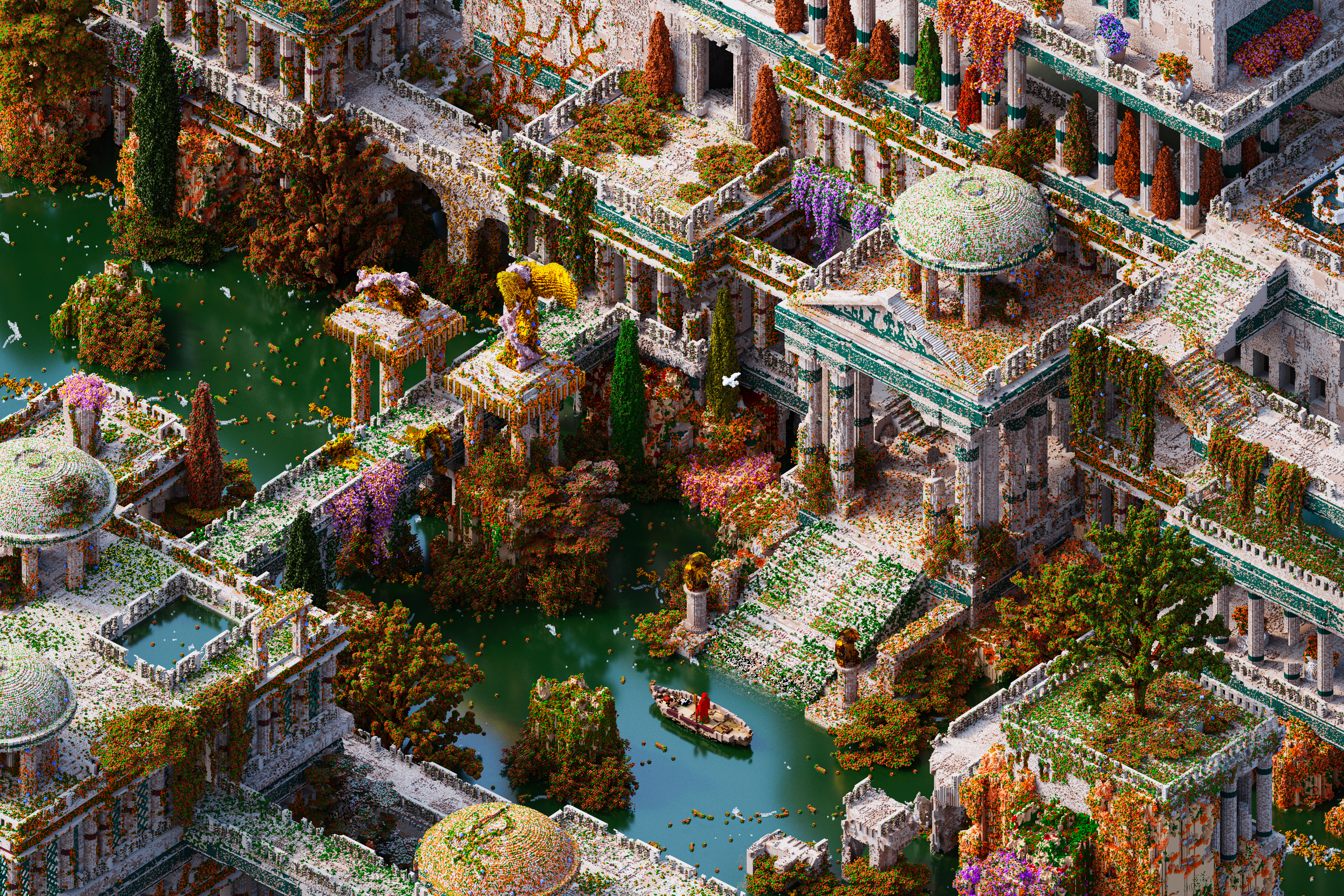 Digital Art Artwork Illustration Voxels Pixels City Ancient River Water Boat Architecture Building I 5000x3333