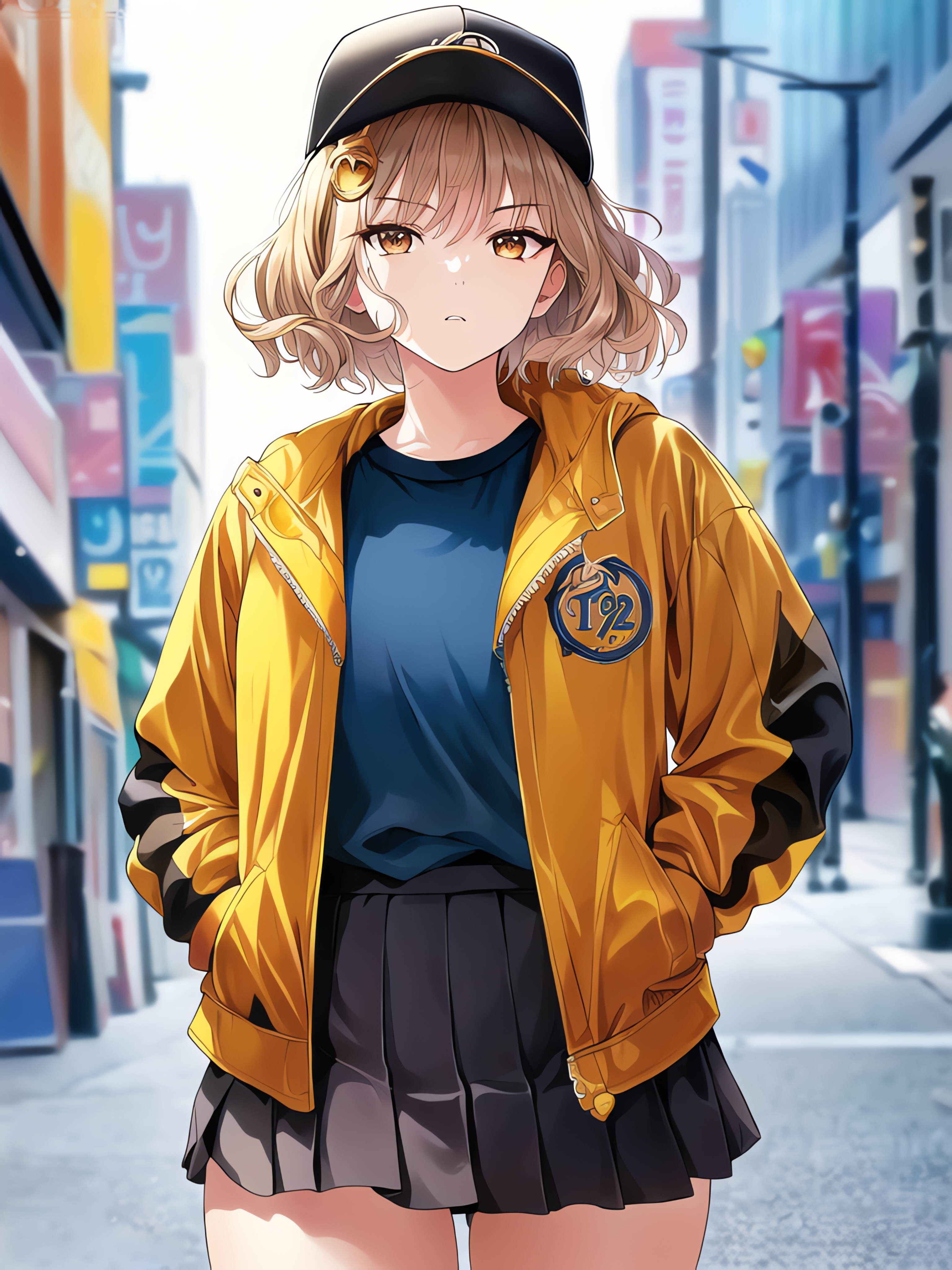 Anime Girls Blonde Short Hair Yellow Jacket Vertical Hands In Pockets Hat Looking At Viewer Yellow E 3072x4096