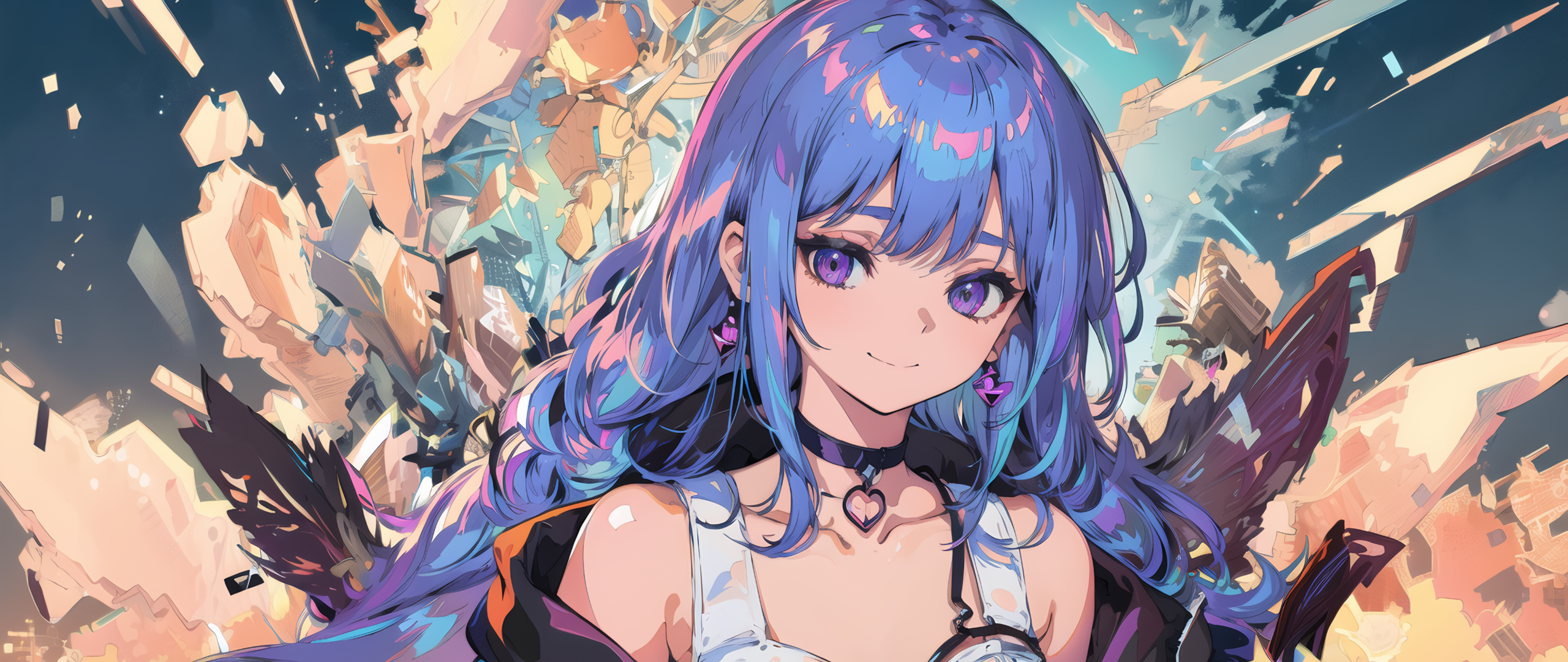 Ai Art Anime Girls Choker Looking At Viewer Pastel Blue Hair Bangs Earring Smiling 2560x1080