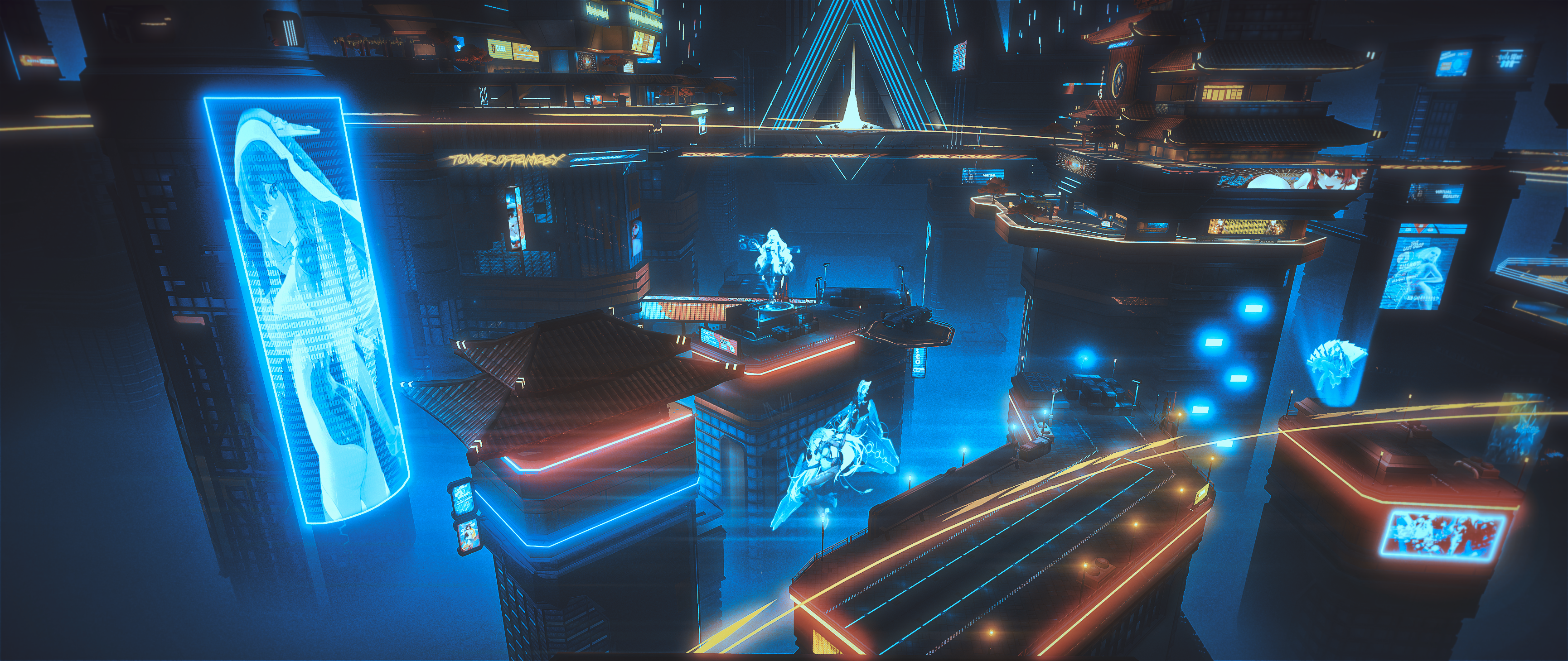 Tower Of Fantasy Cyber Neon City Cyberpunk Ultrawide Hologram Video Games 3460x1460
