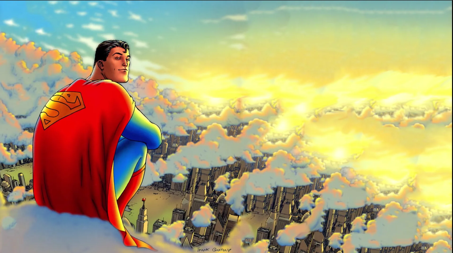 Superman Superman Logo Comic Art Comic Character City Clouds Sunset Frank Quitely Sitting Grant Morr 1916x1070
