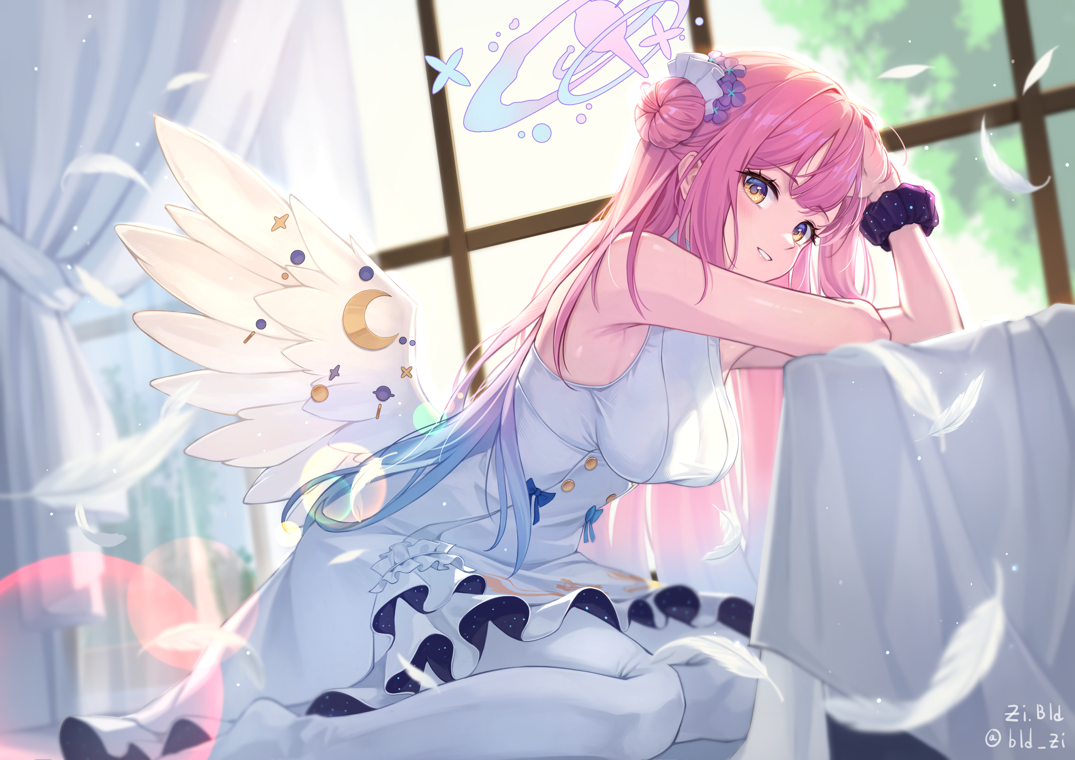 Anime Pixiv Misono Mika Blue Archive White Dress Pink Hair Window Looking At Viewer Yellow Eyes Wing 3508x2480