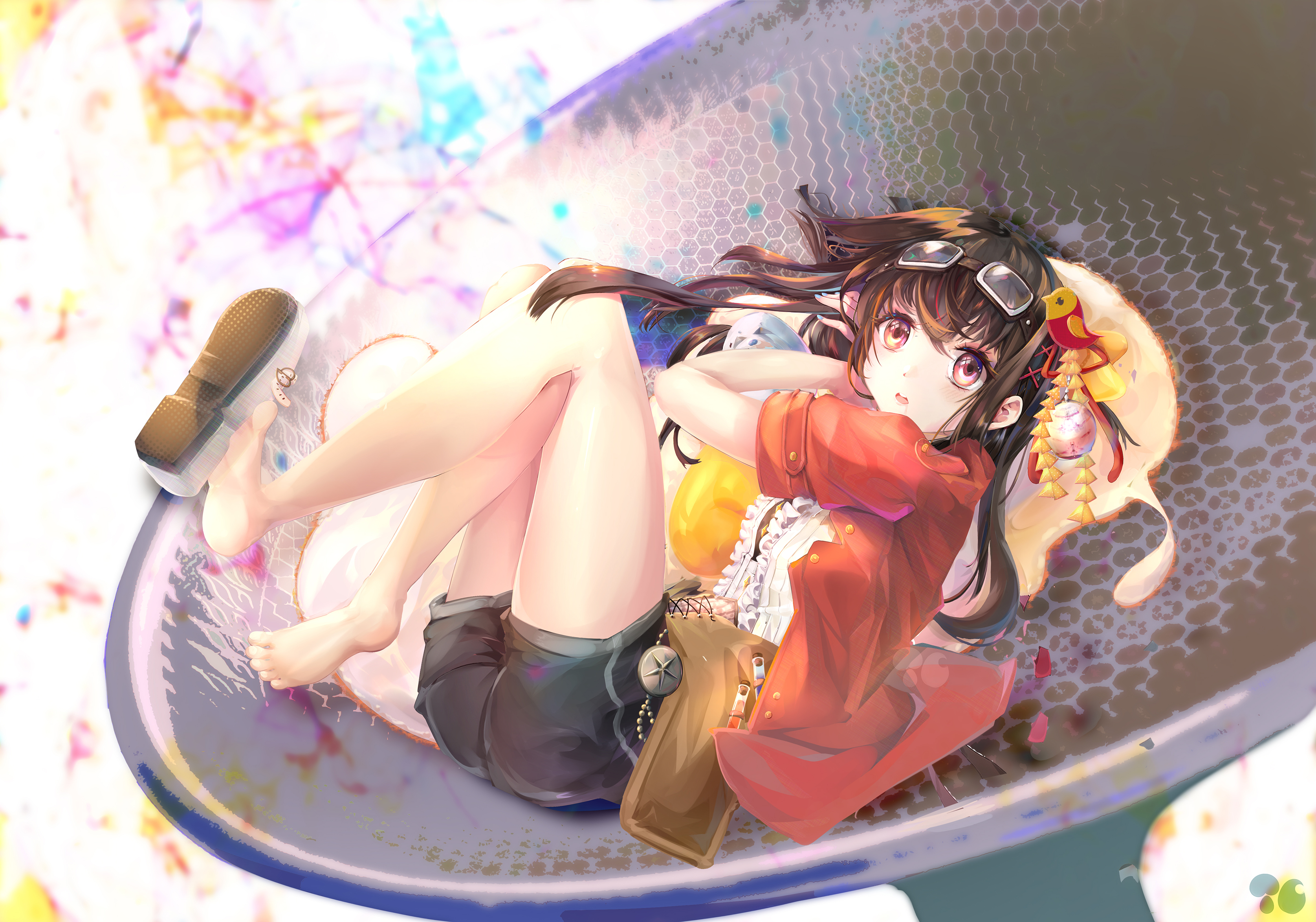 Lingyuan Anime Anime Girls Lying On Back Goggles Shoes Feet 3350x2345