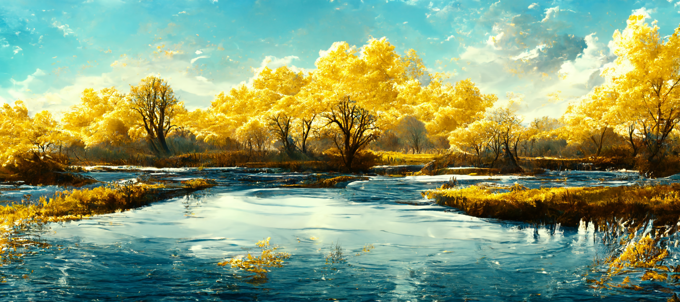 Ai Art Digital Art Spring Nature River Landscape Water 2304x1024