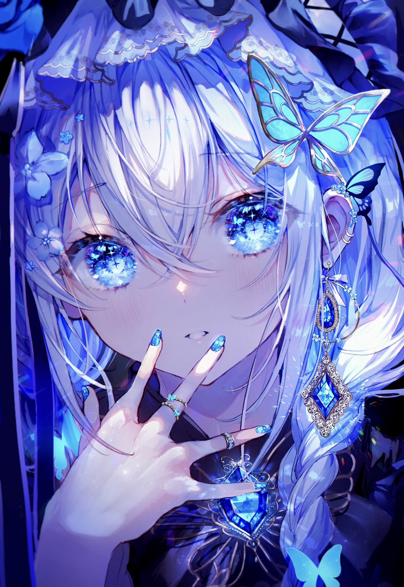 Anime Anime Girls Original Characters Noyu Blue Eyes Butterfly Rings Earring Sapphire Portrait Displ 1408x2048