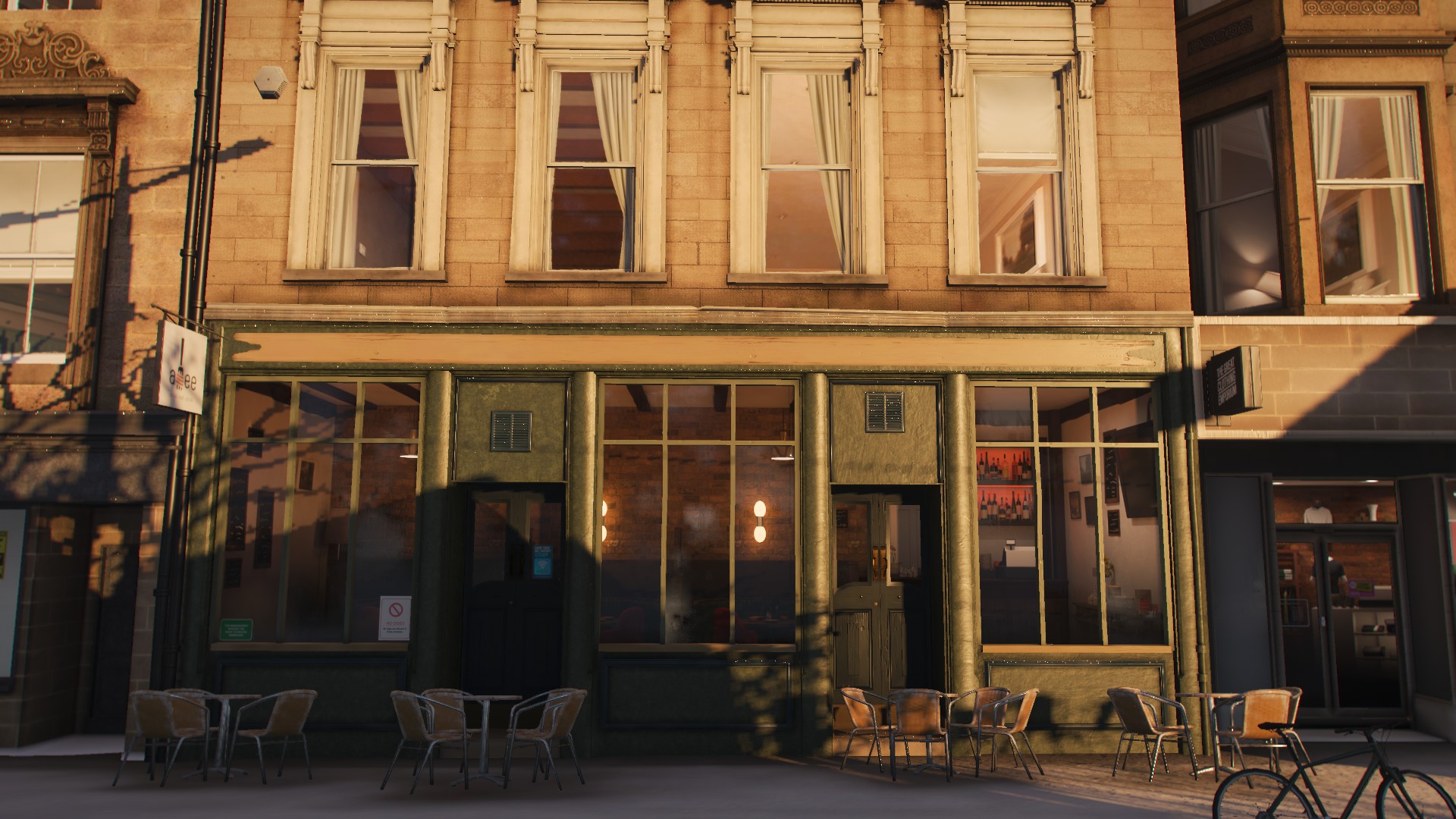 Forza Horizon 4 Town Video Games Building Chair Table Sunlight Video Game Art CGi Store Front Window 1920x1080