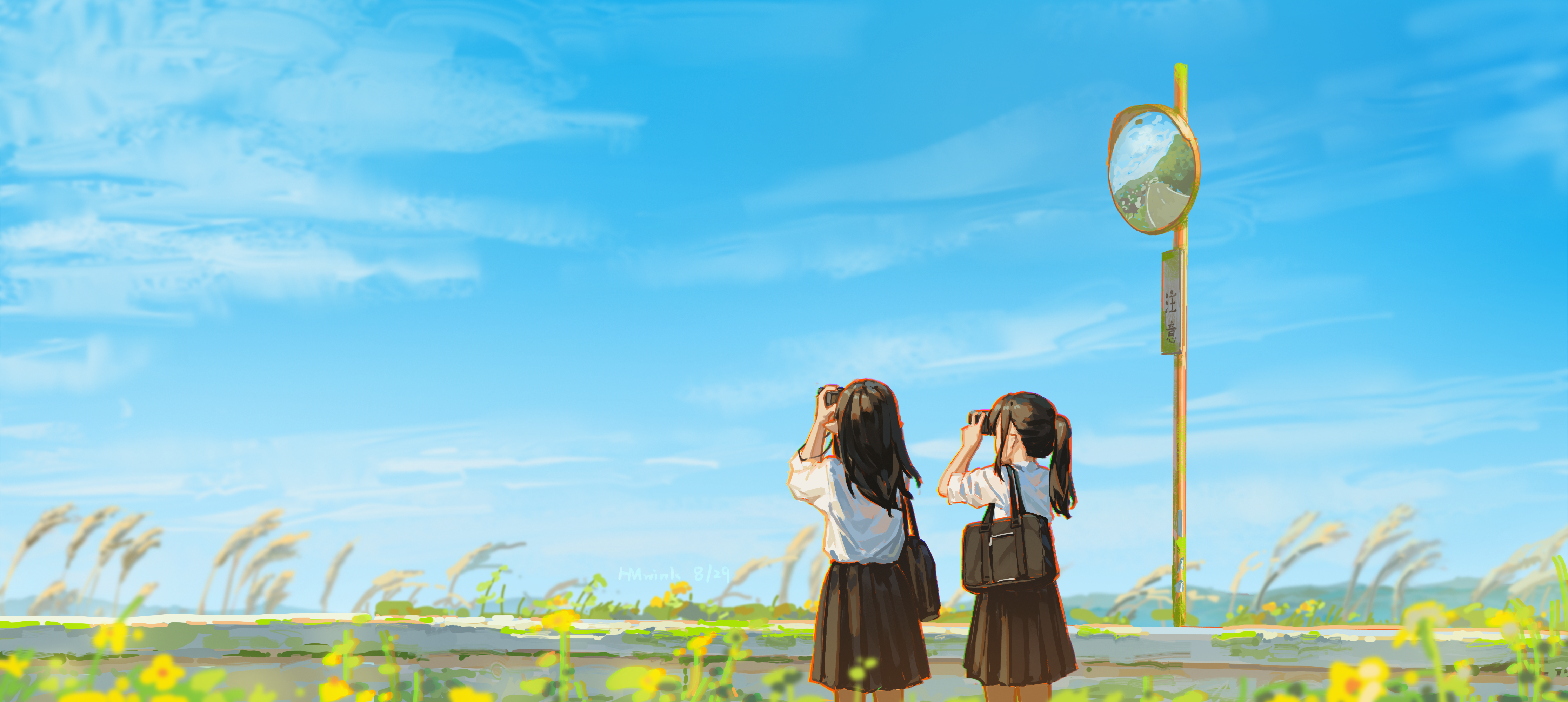 Hua Ming Wink Original Characters Sky School Uniform Anime Girls Schoolgirl Camera 4469x2000