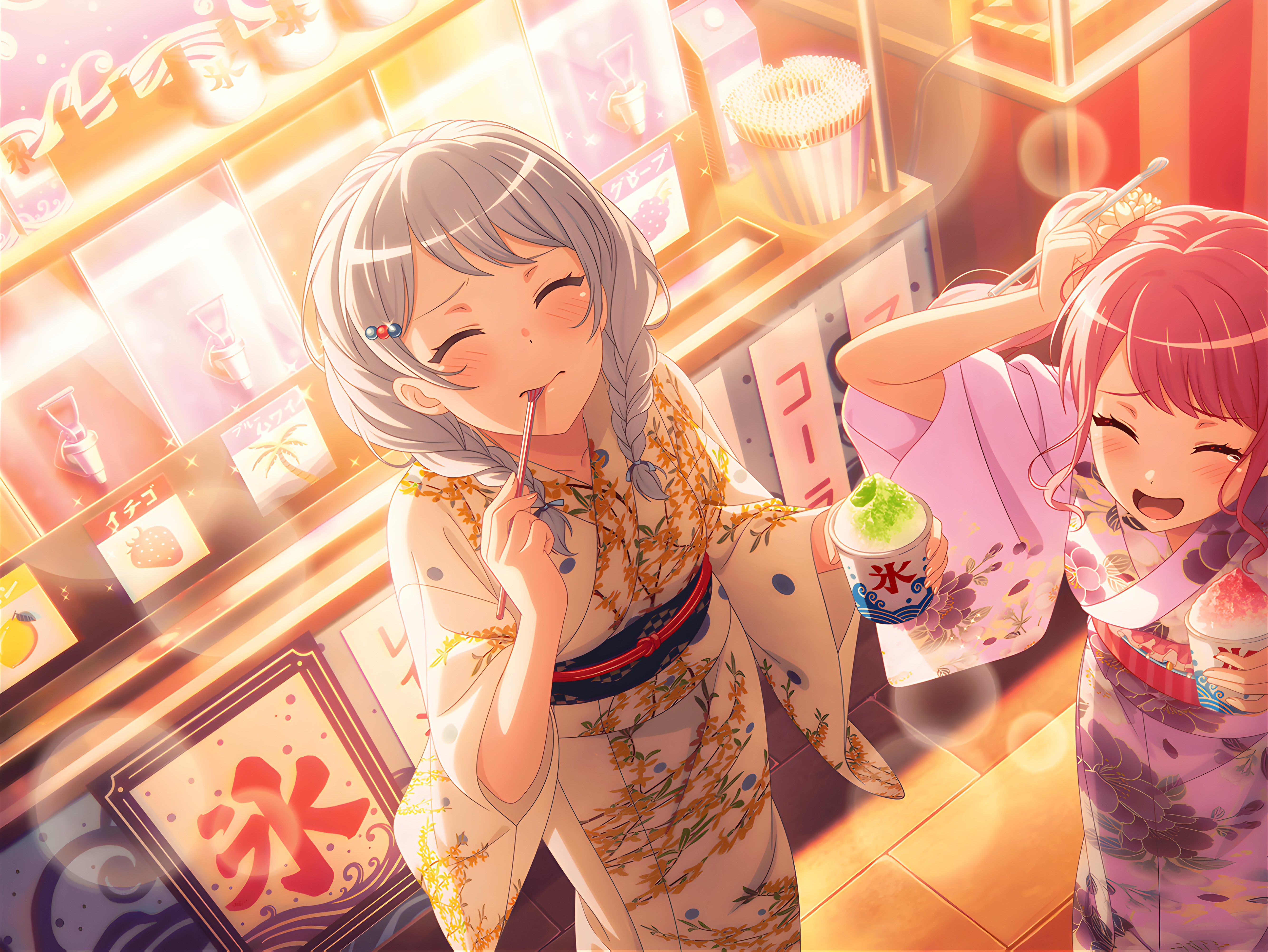 BanG Dream Anime Girls Wakamiya Eve Anime Closed Eyes Twintails Braided Hair Braids Kimono Ice Cream 5336x4008