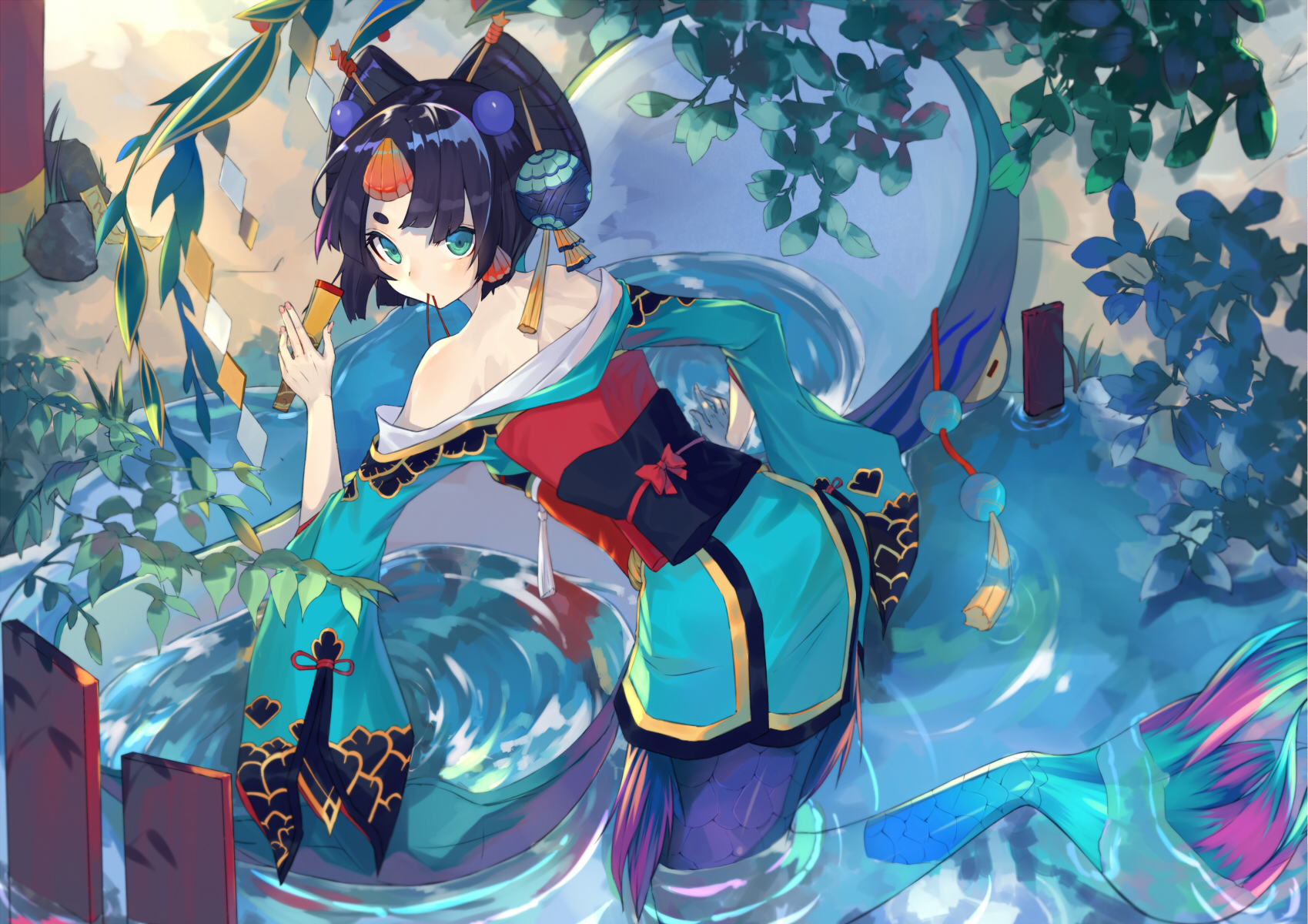 Anime Anime Girls Looking At Viewer Water Leaves Mermaids Tail 1699x1200