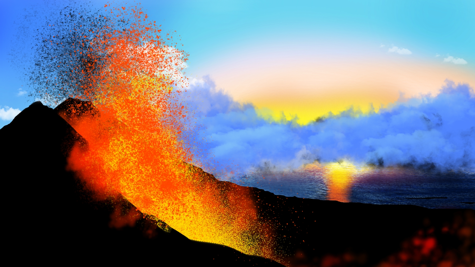 Digital Painting Digital Art Nature Lava Volcano Sunset 1920x1080