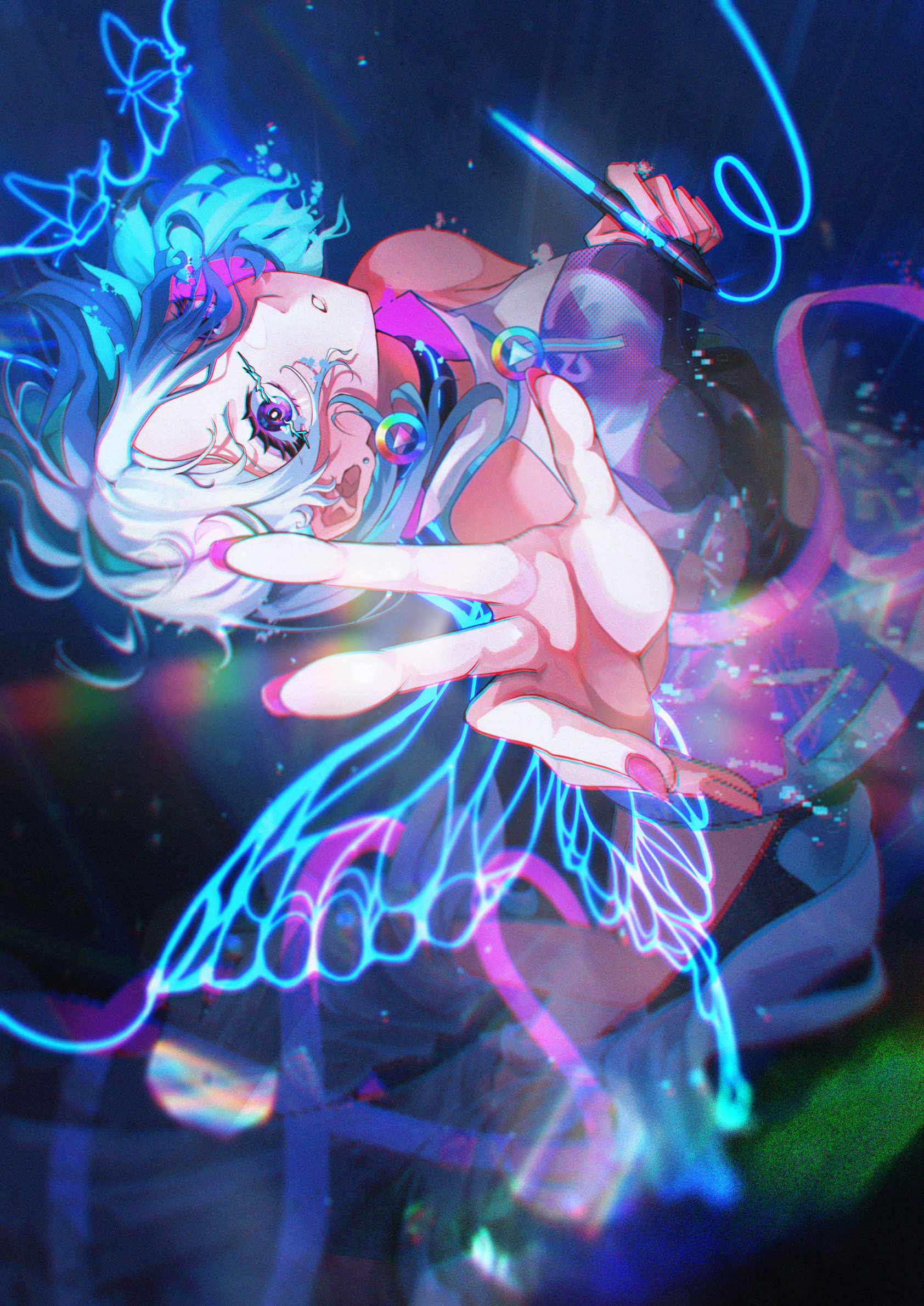 Anime Anime Girls Nail Polish Colorful Vertical Blue Hair Pen Arms Reaching Looking At Viewer 1684x2381