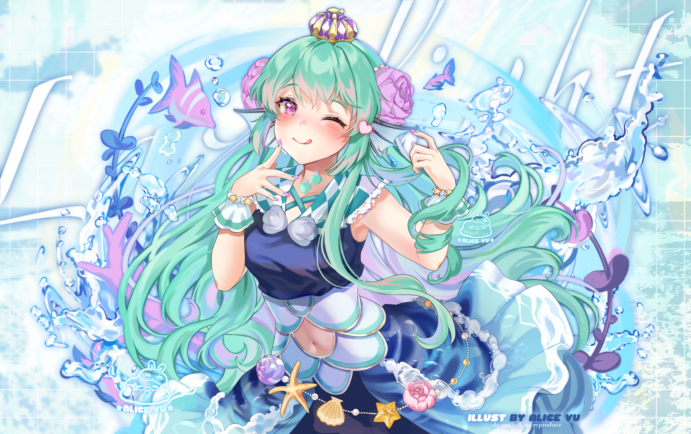 Anime Anime Girls Fish One Eye Closed Tongue Out Blushing Long Hair Green Hair Crown Water Bubbles L 2387x1500