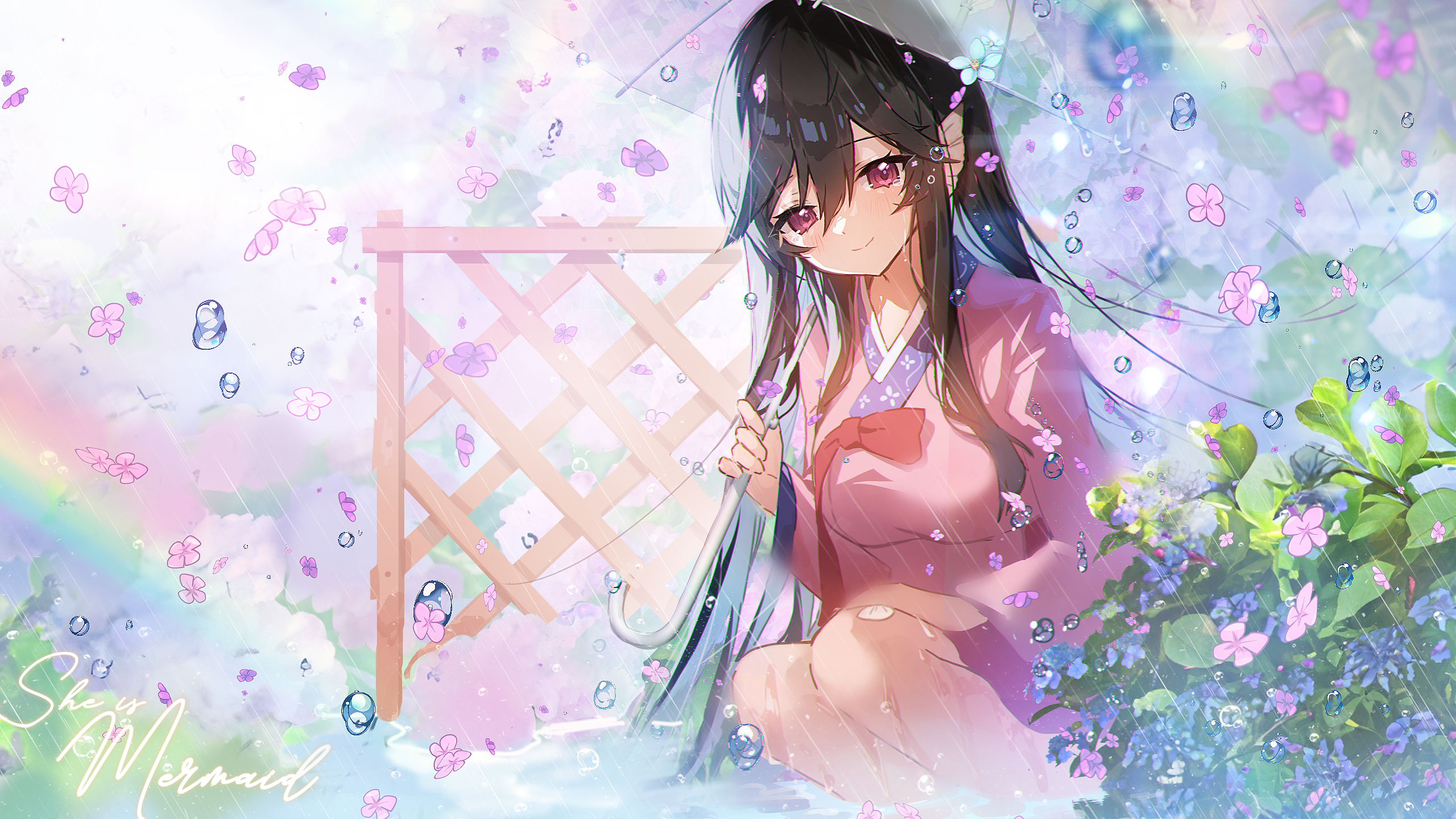 Anime Anime Girls Smiling Long Hair Umbrella Water Drops Petals Flowers Leaves Rainbows Rain Looking 2560x1440