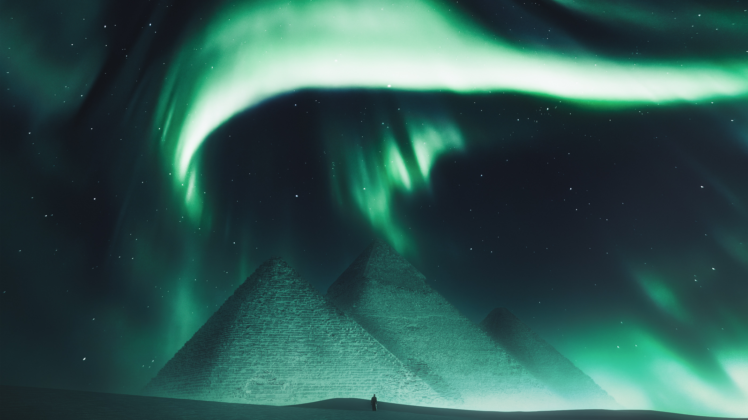 Digital Art Artwork Digital Egypt Pyramid Architecture Aurorae Sky Sand Night Nightscape Landscape S 2560x1440