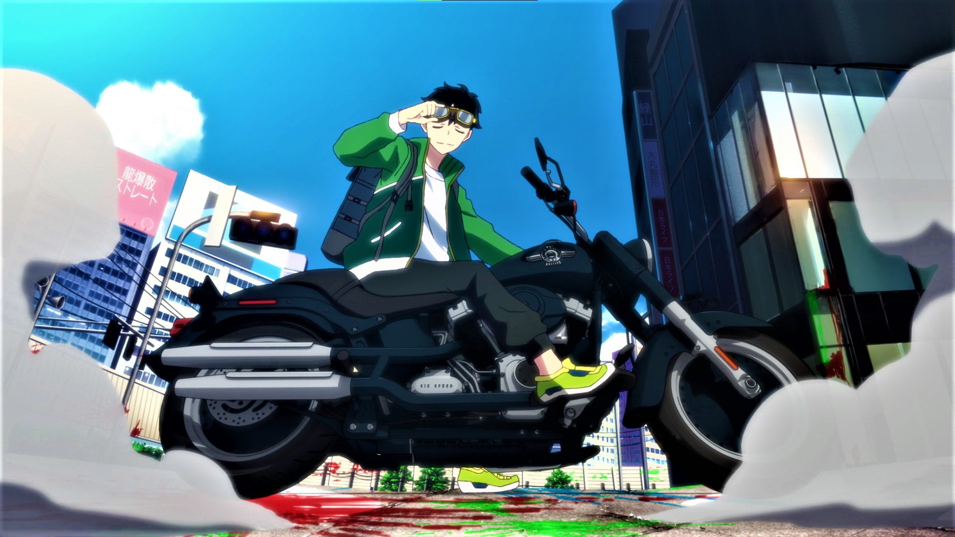 Zom 100 Bucket List Of The Dead Akira Tendou Motorcycle Smoke Sky Clouds Building Smiling Anime Anim 1920x1080